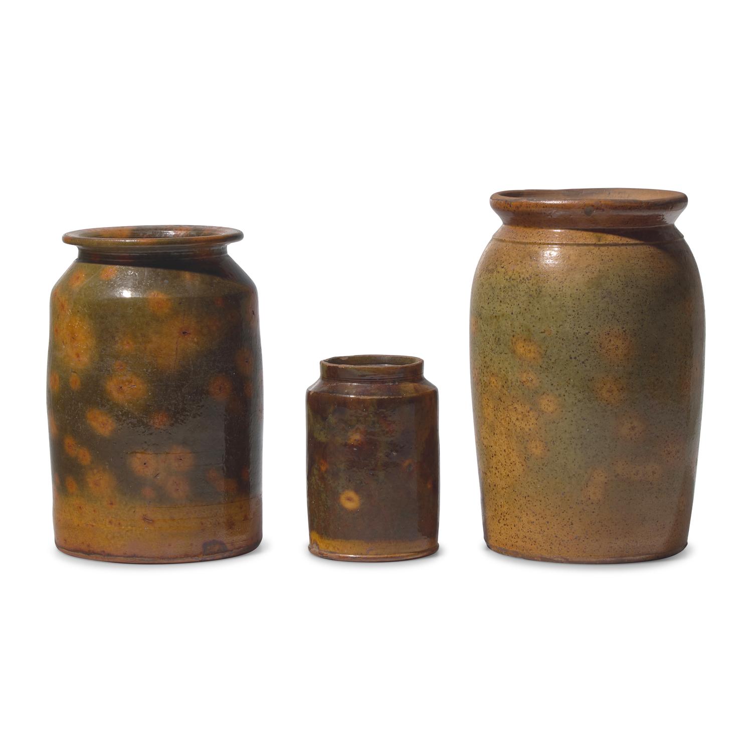 Three Galena Glazed Redware Crocks
