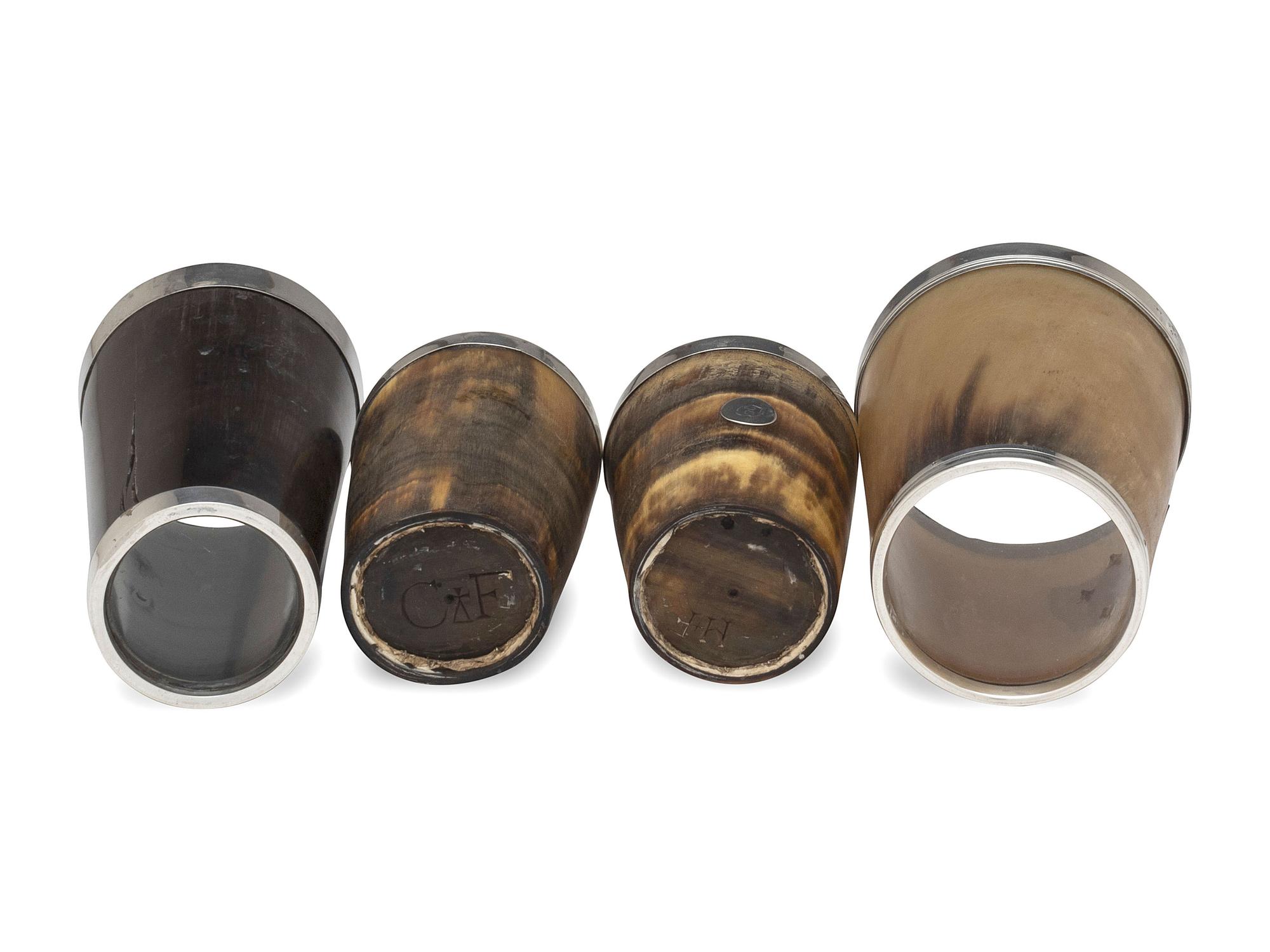 Four Silver Mounted Horn Beakers