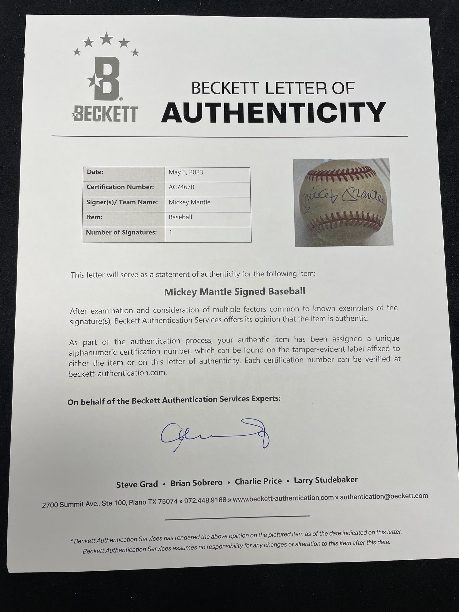 A Mickey Mantle Single Signed Autograph Baseball (Beckett Authentication Services Letter)