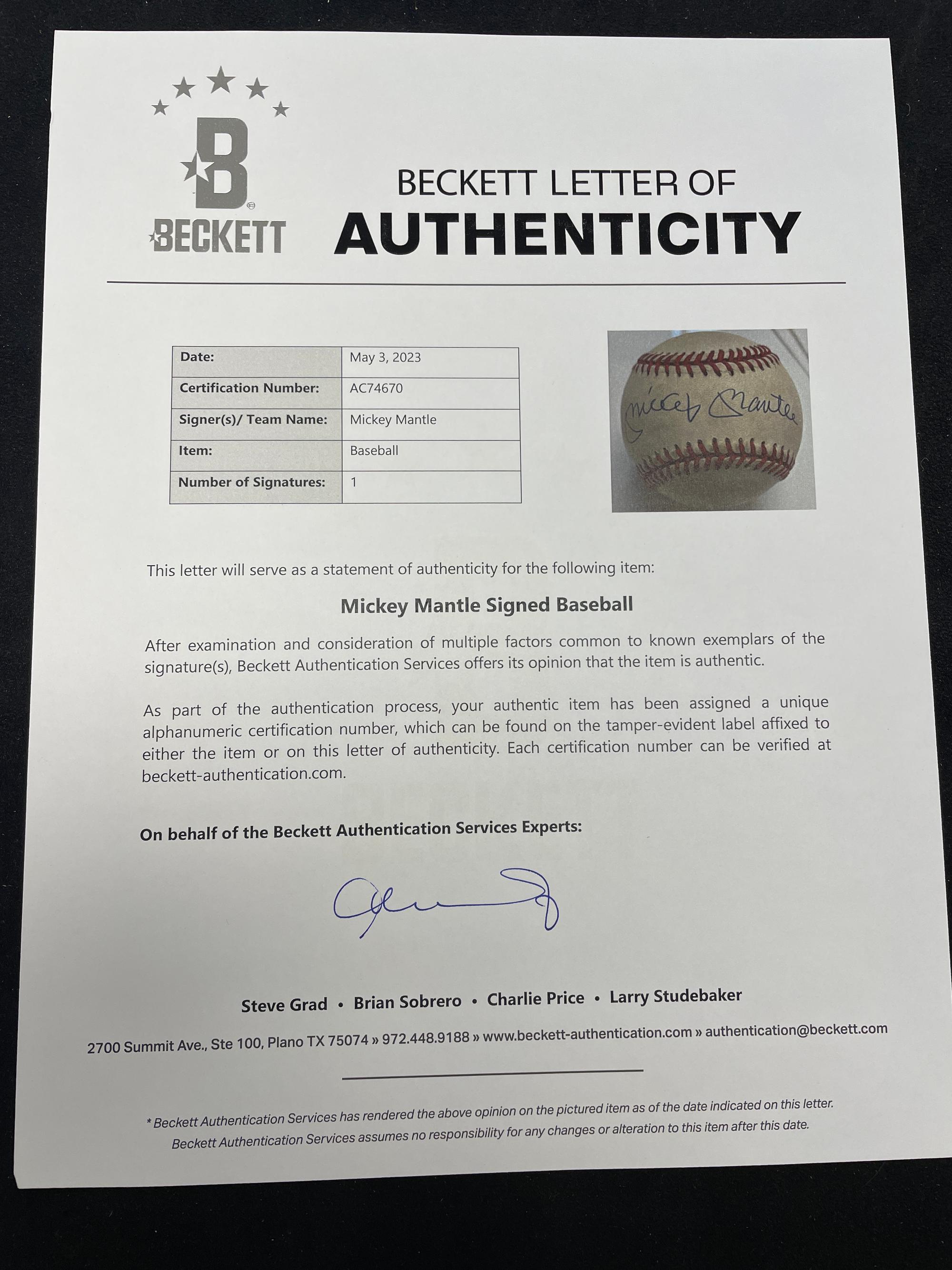 A Mickey Mantle Single Signed Autograph Baseball (Beckett Authentication Services Letter)