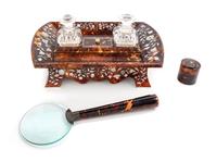 A Victorian Silver Inlaid Tortoise Shell Standish Width 12 inches. — 19TH CENTURY
