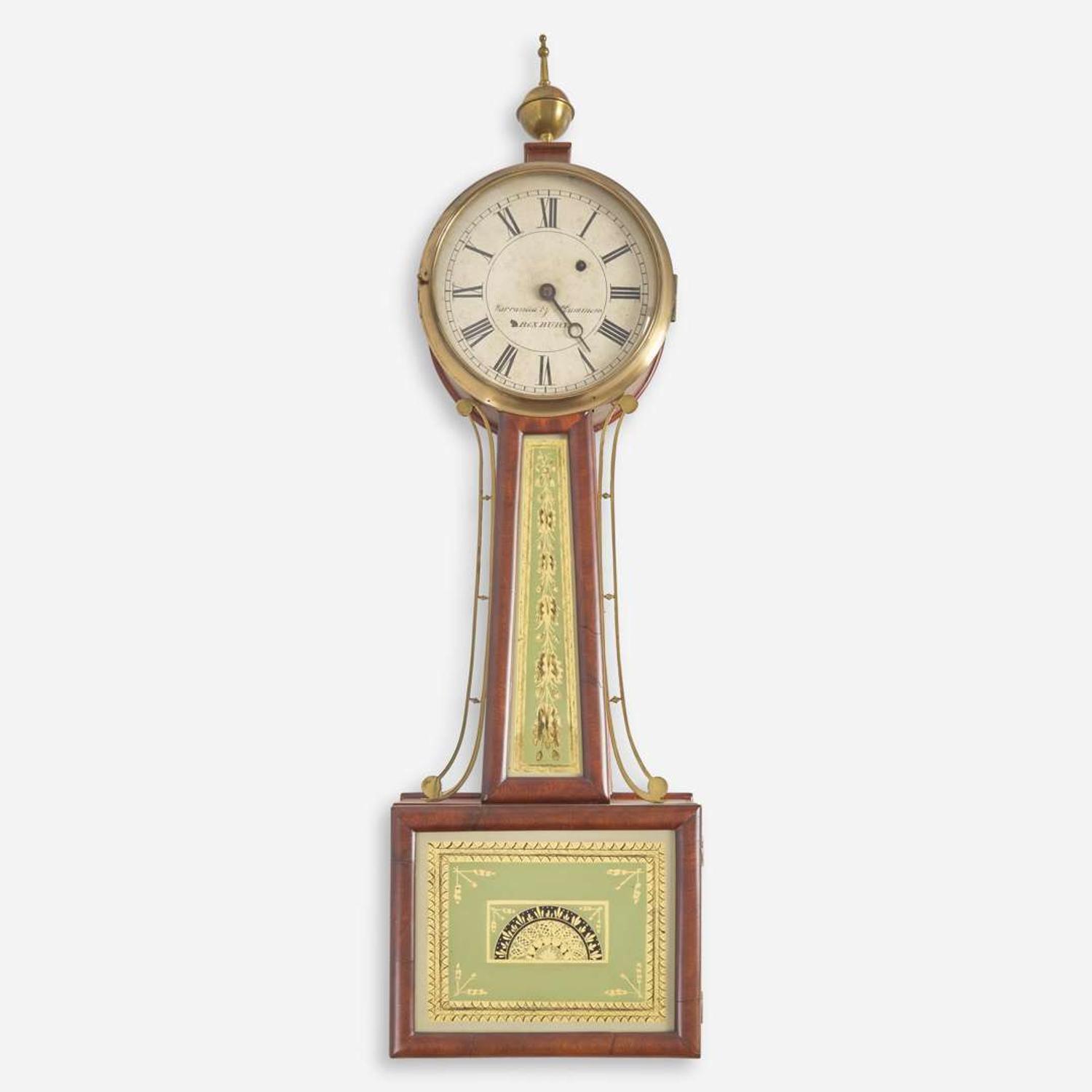 A Federal mahogany and églomisé banjo clock Warranted by William Cummens (1768-1834), Roxbury, MA, circa 1820