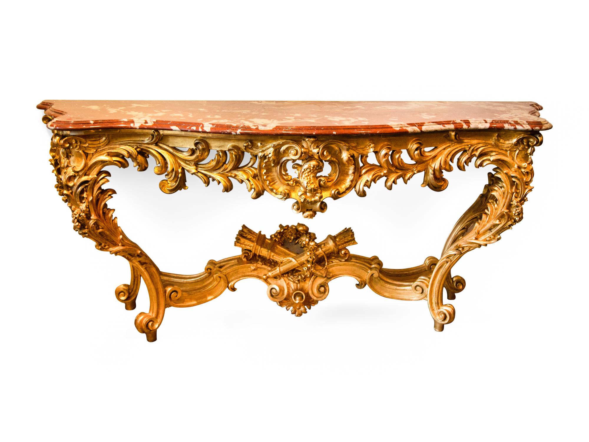 A Louis XIV Carved Giltwood Rouge Marble Top Console Table — 18TH CENTURY