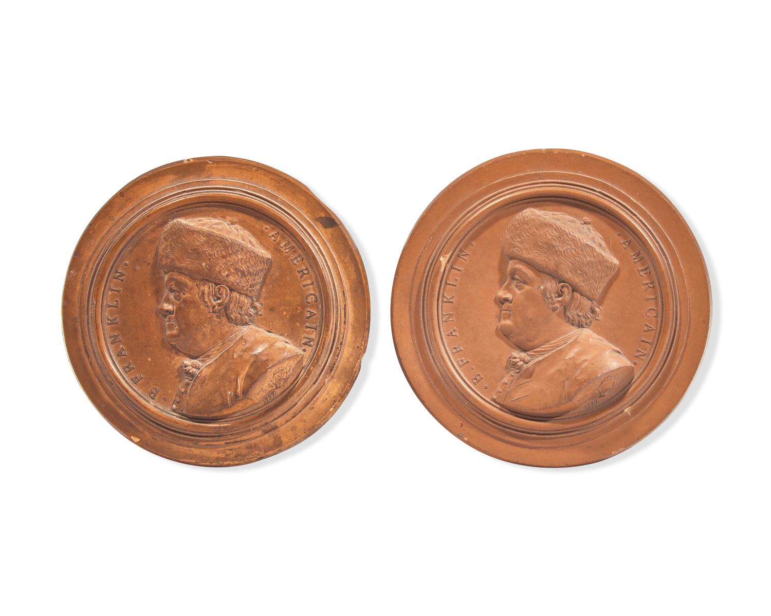 Jean-Baptiste Nini (Italian, 1717-1786), Two Terracotta Portrait Medallions Of Benjamin Franklin