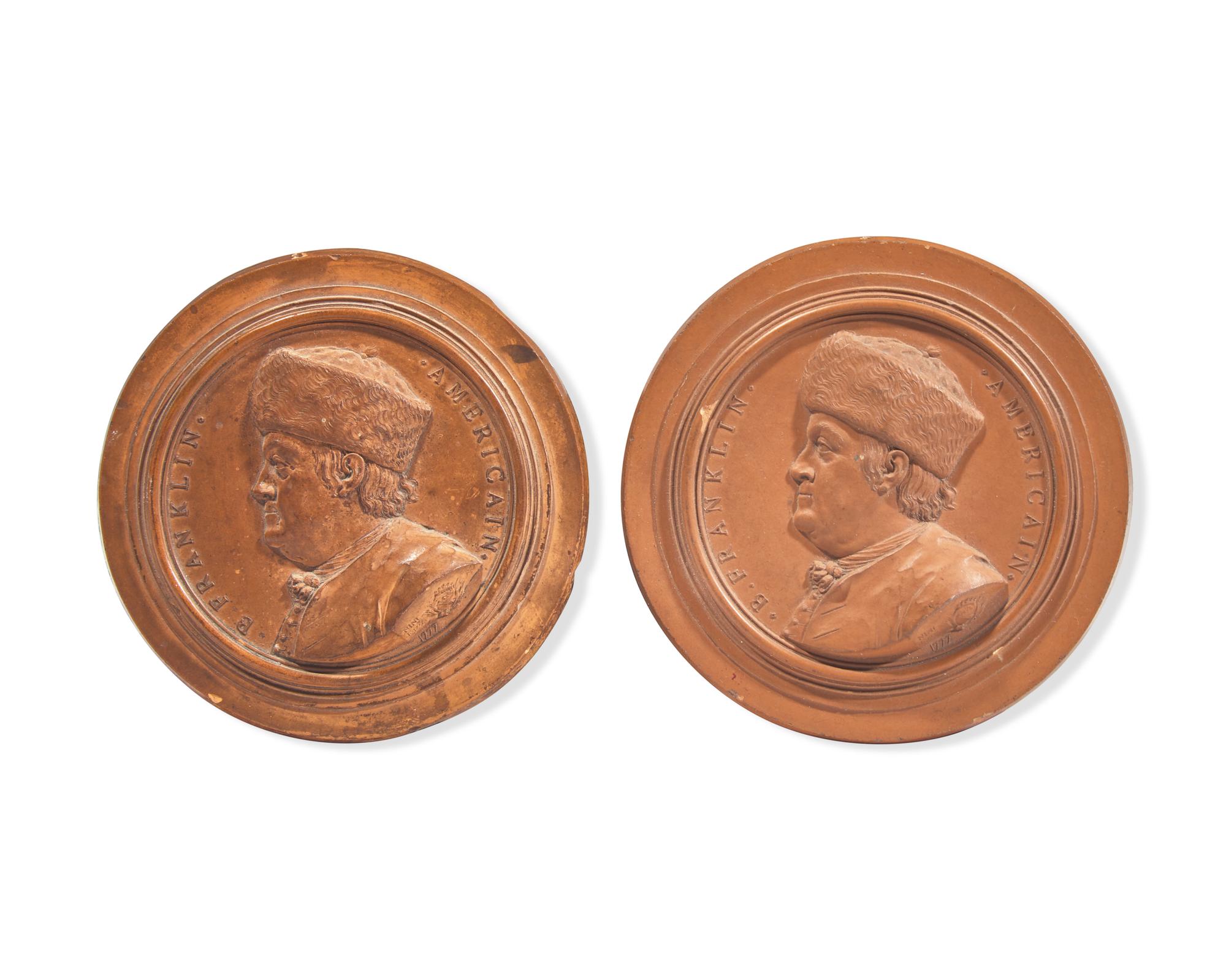 Jean-Baptiste Nini (Italian, 1717-1786), Two Terracotta Portrait Medallions Of Benjamin Franklin