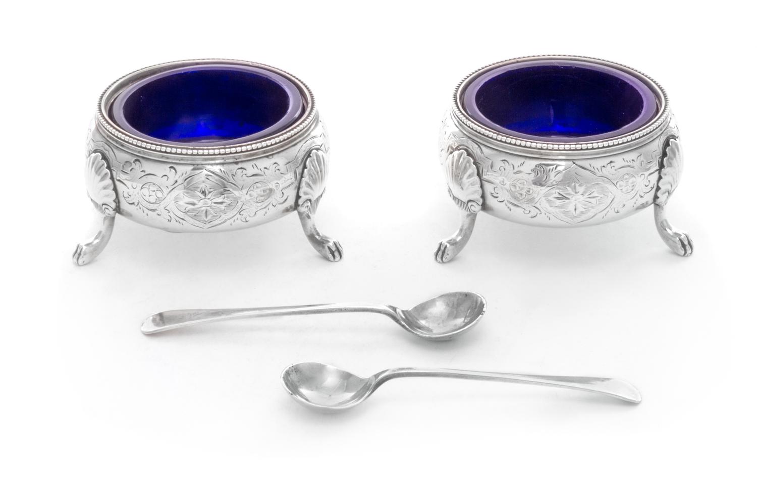A Pair of Victorian Silver Salt Cellars, Edward Charles Brown, London, 1868, having a beaded rim and a bright-cut body with floral and