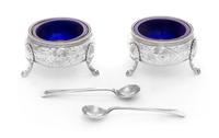 A Pair of Victorian Silver Salt Cellars, Edward Charles Brown, London, 1868, having a beaded rim and a bright-cut body with floral and