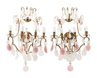 A Pair of Louis XV Style Gilt Bronze, Rock Crystal and Rose Quartz Four-Light Sconces