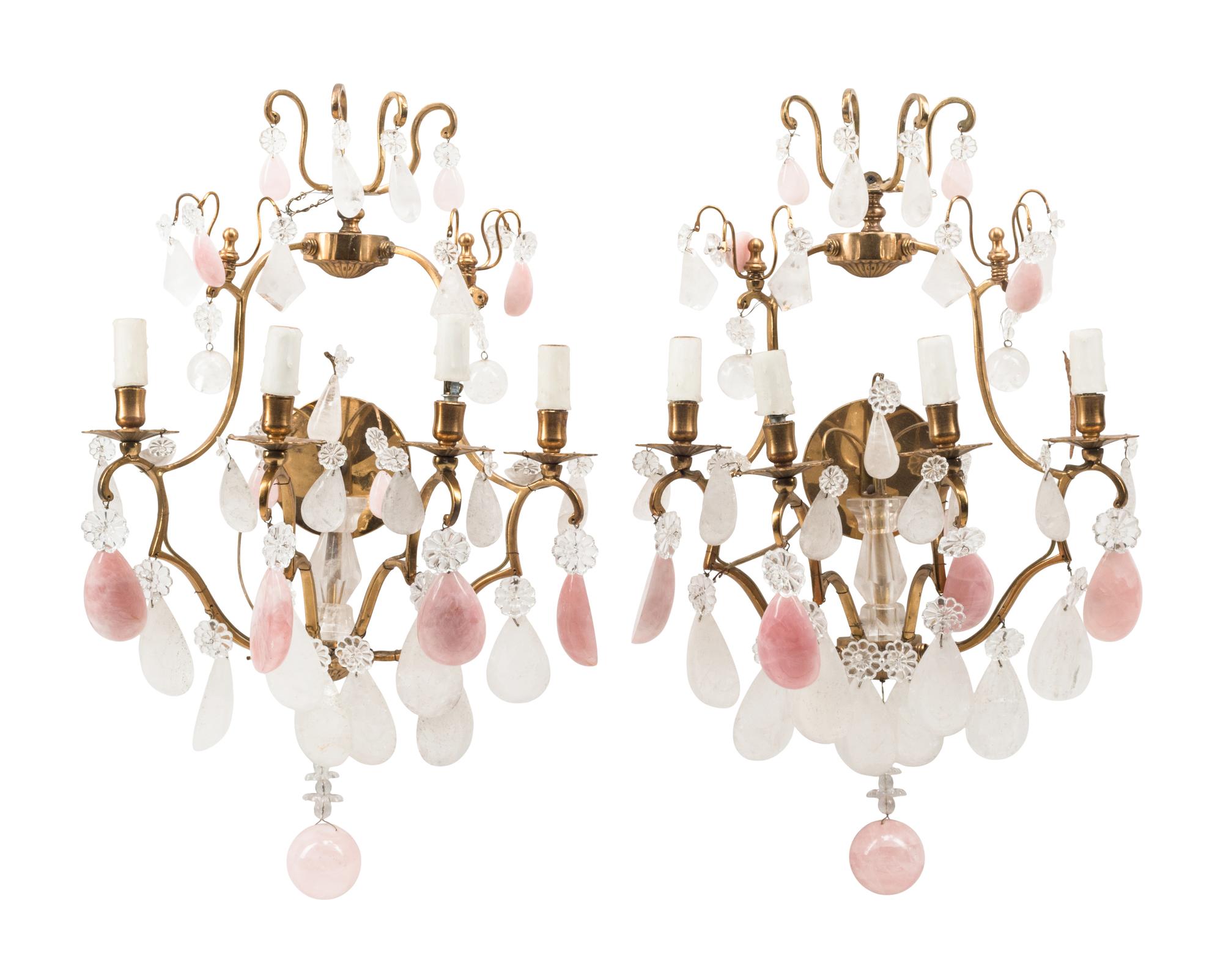 A Pair of Louis XV Style Gilt Bronze, Rock Crystal and Rose Quartz Four-Light Sconces