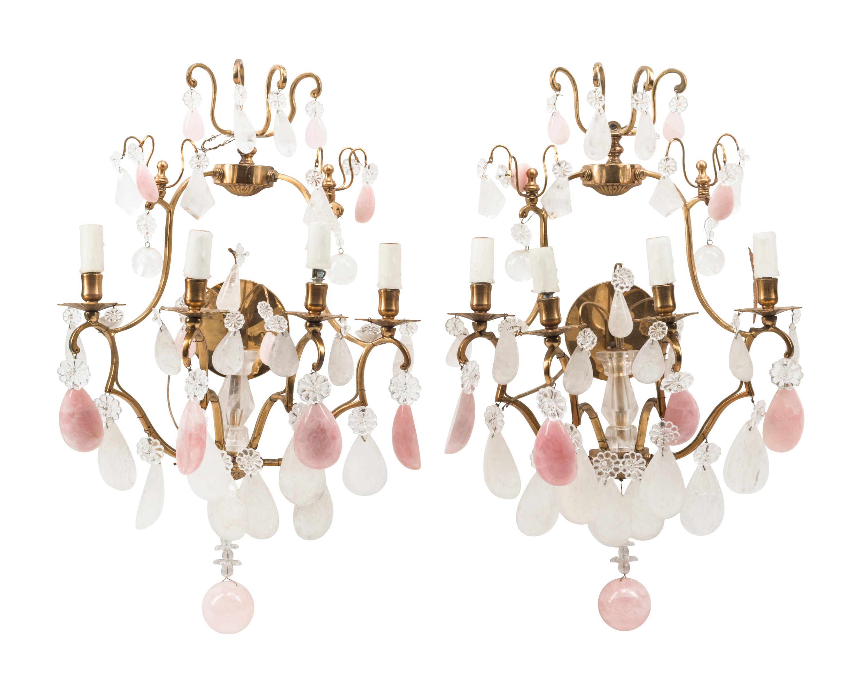 A Pair of Louis XV Style Gilt Bronze, Rock Crystal and Rose Quartz Four-Light Sconces