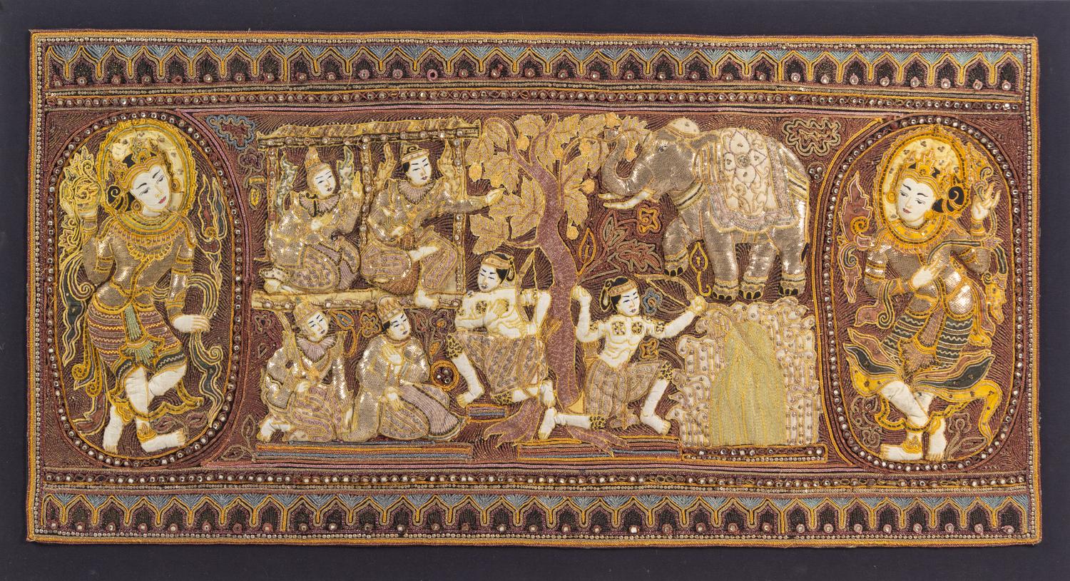 Two Burmese Metallic Thread-Embroidered Tapestry Panels