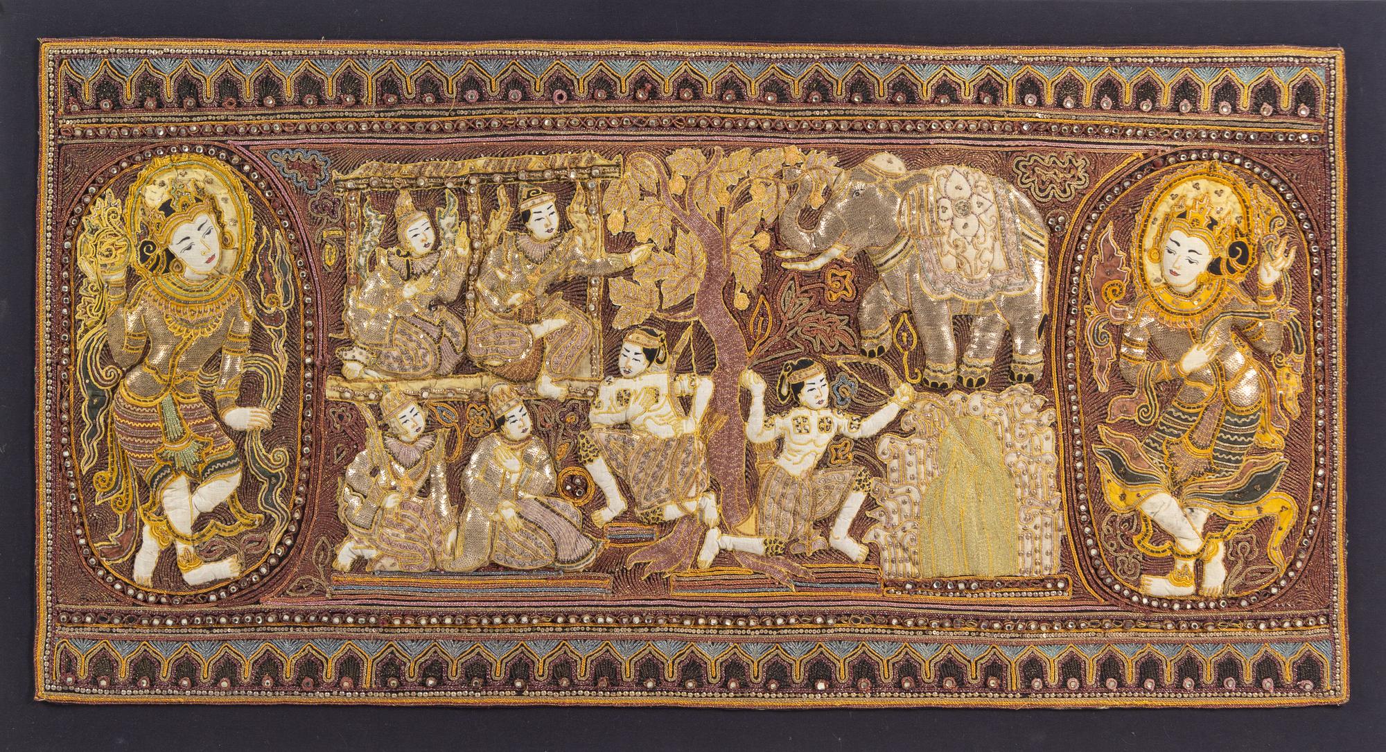 Two Burmese Metallic Thread-Embroidered Tapestry Panels