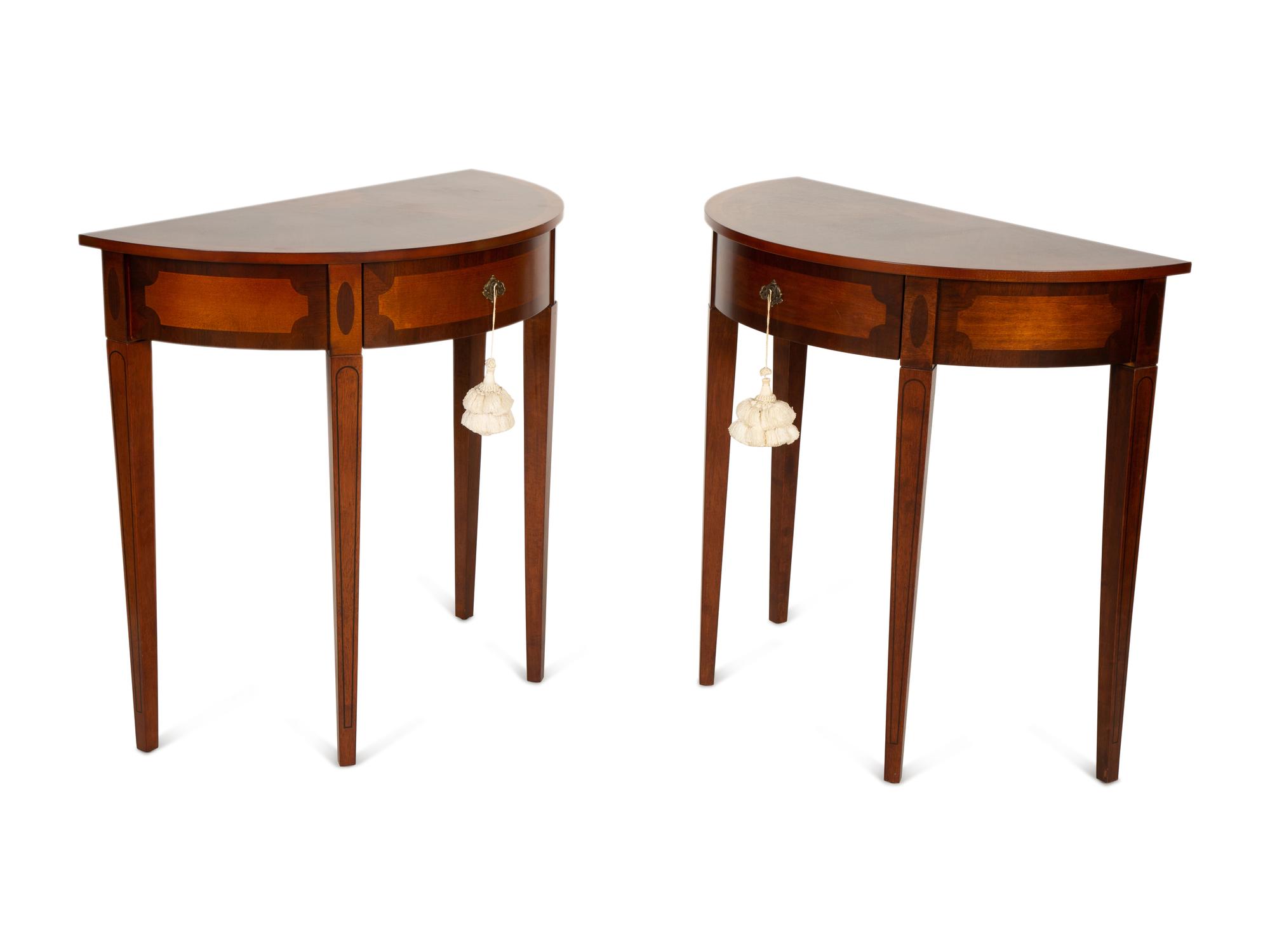 A Pair of George III Style Inlaid Mahogany Demilune Side Tables