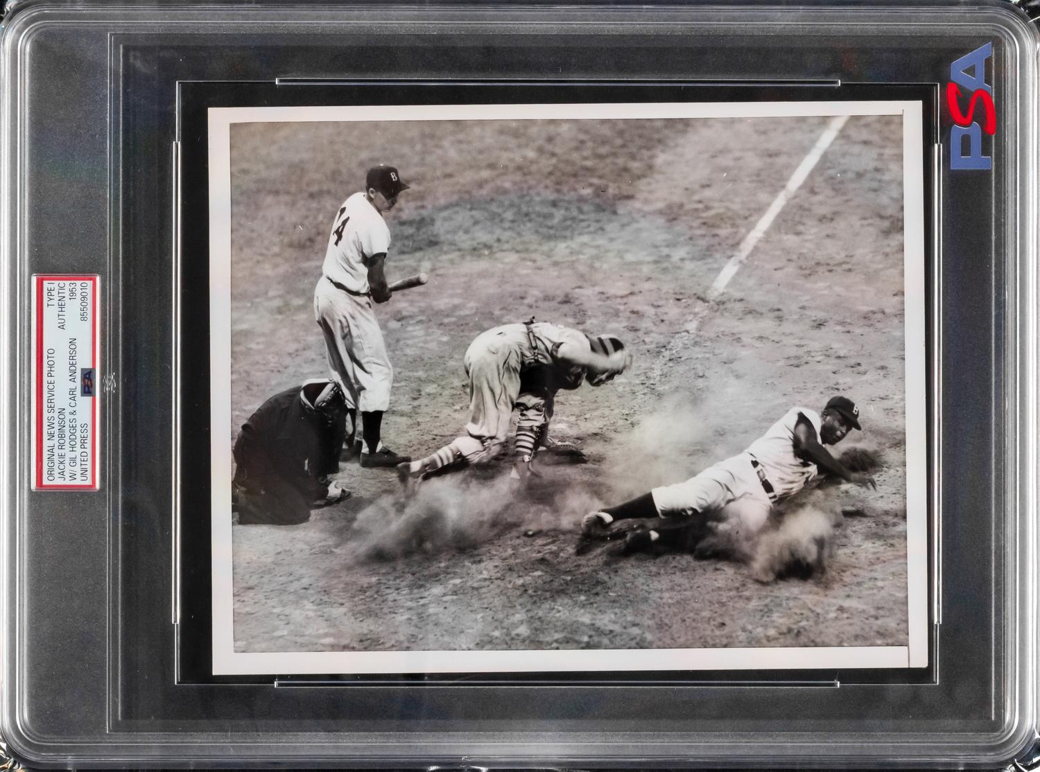 An Original 1953 Jackie Robinson Out At Home Type One United Press News Photograph (PSA)