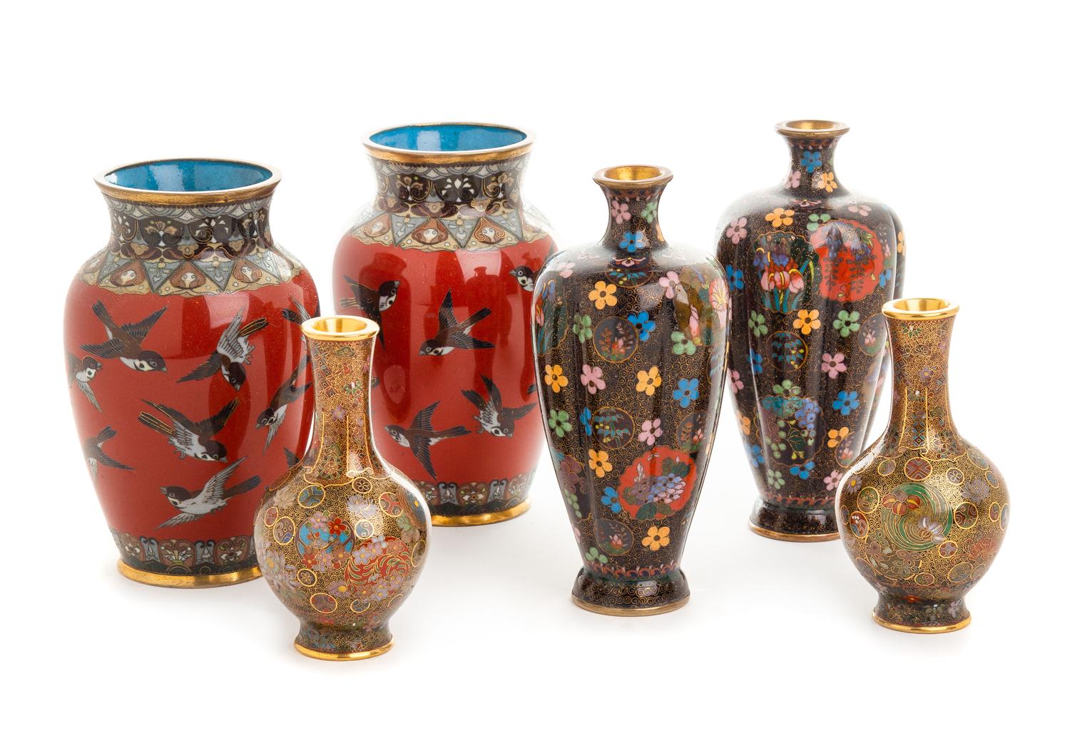 Three Pairs of Japanese Cloisonne Enamel Vases Height of tallest 5 1/4 inches.