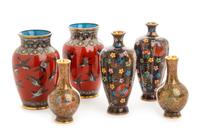 Three Pairs of Japanese Cloisonne Enamel Vases Height of tallest 5 1/4 inches.