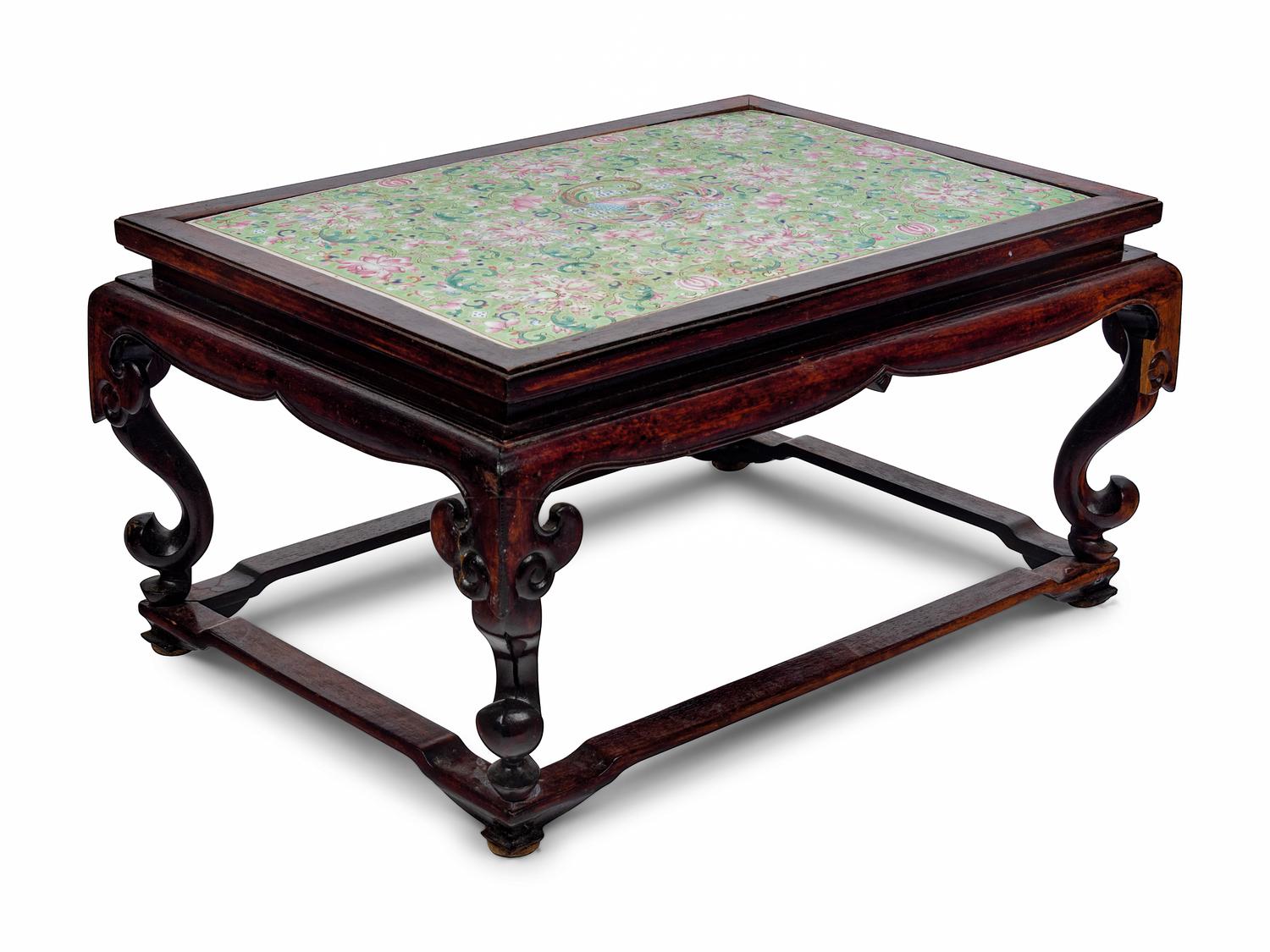 A Lime Green-Ground Famille Rose Porcelain Plaque Inset Hardwood Kang Table