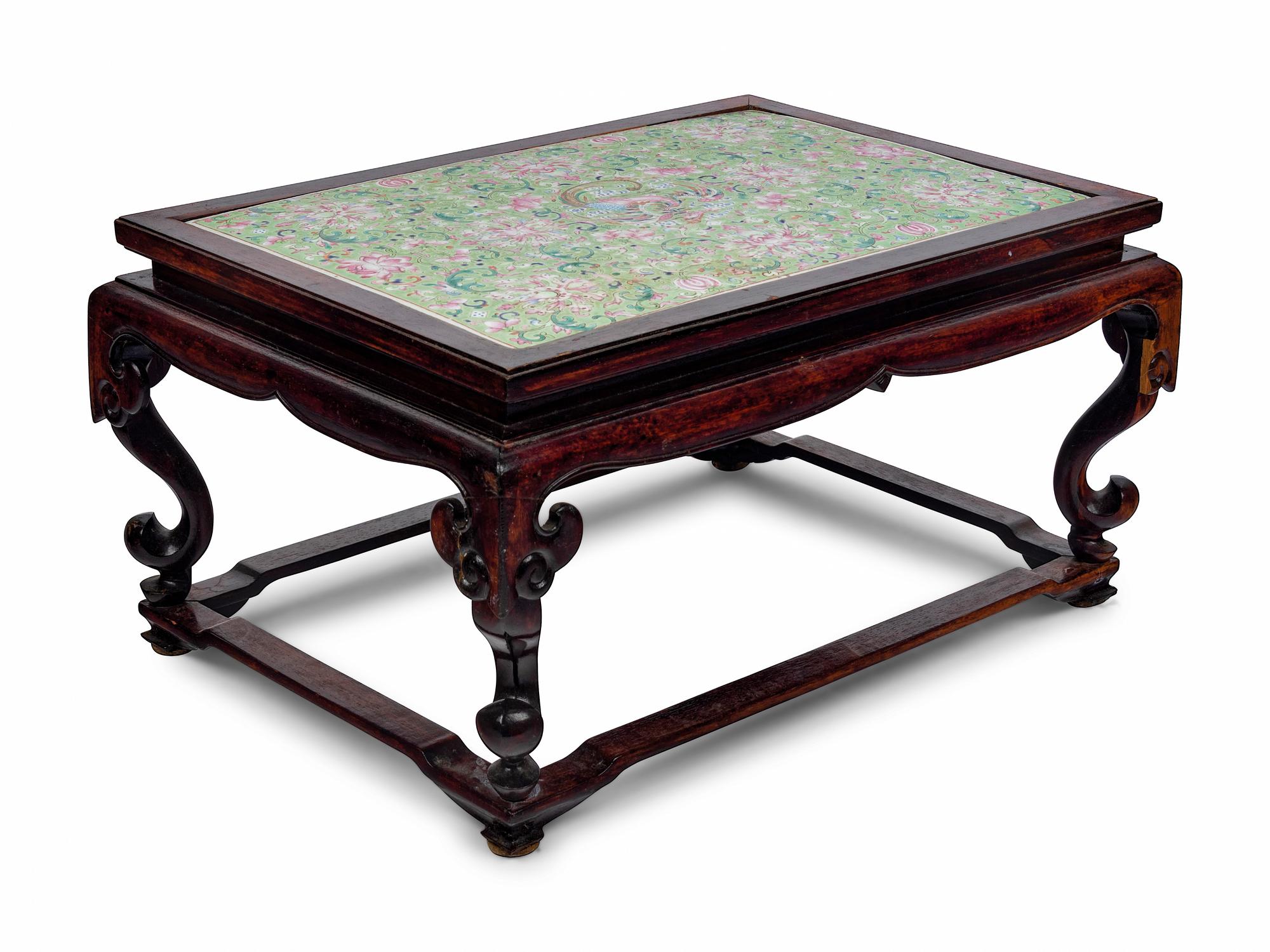 A Lime Green-Ground Famille Rose Porcelain Plaque Inset Hardwood Kang Table