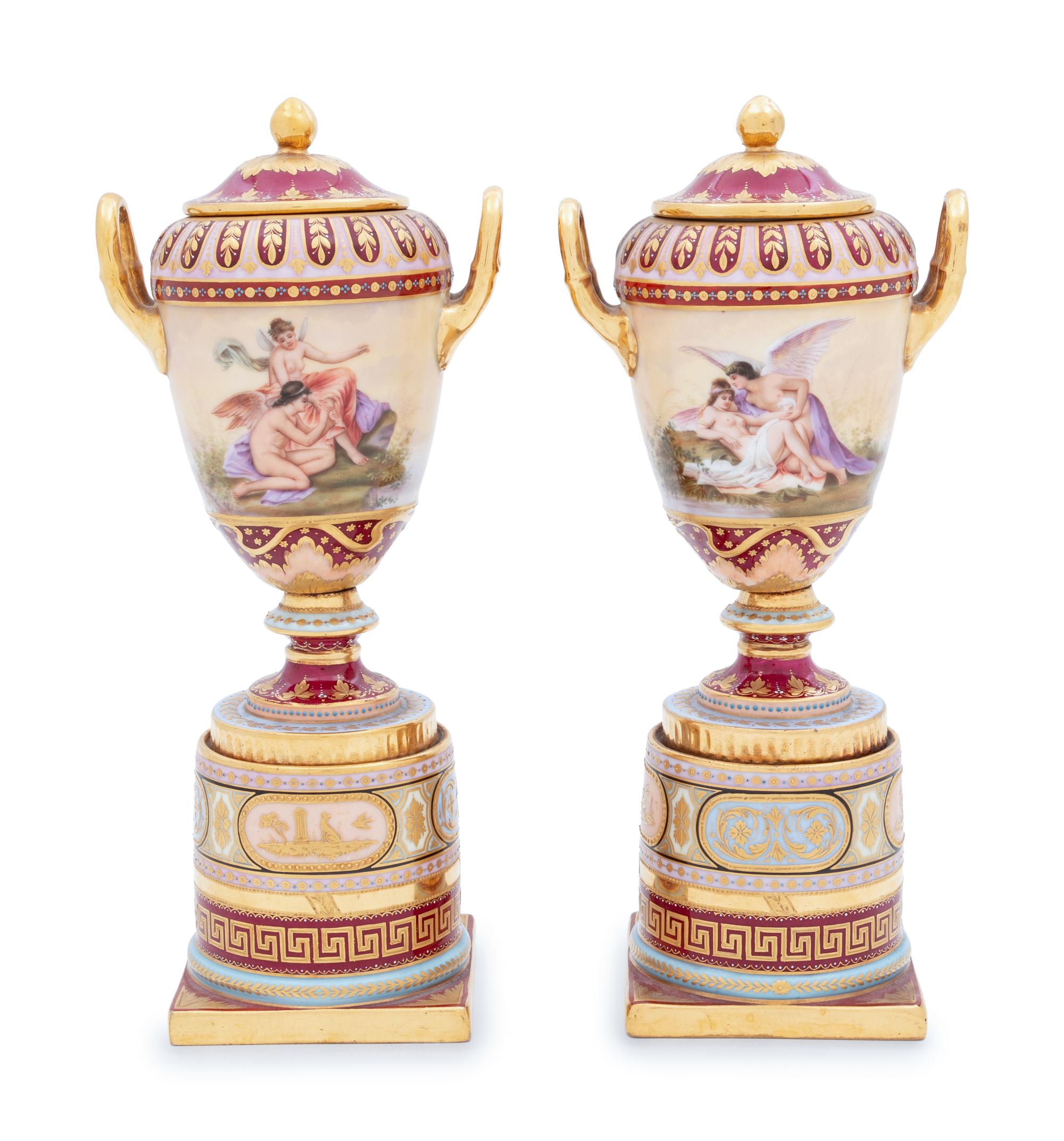 A Pair of Vienna Porcelain Covered Urns