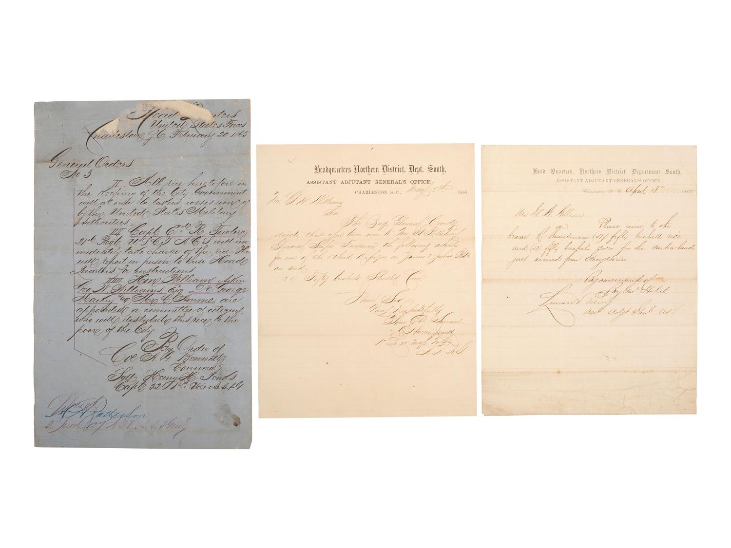 [ENSLAVEMENT & ABOLITION]. A suite of 5 documents related to the "destitute condition" of freedmen taking refuge mostly on the Sea Islands of South Carolina, 1865.