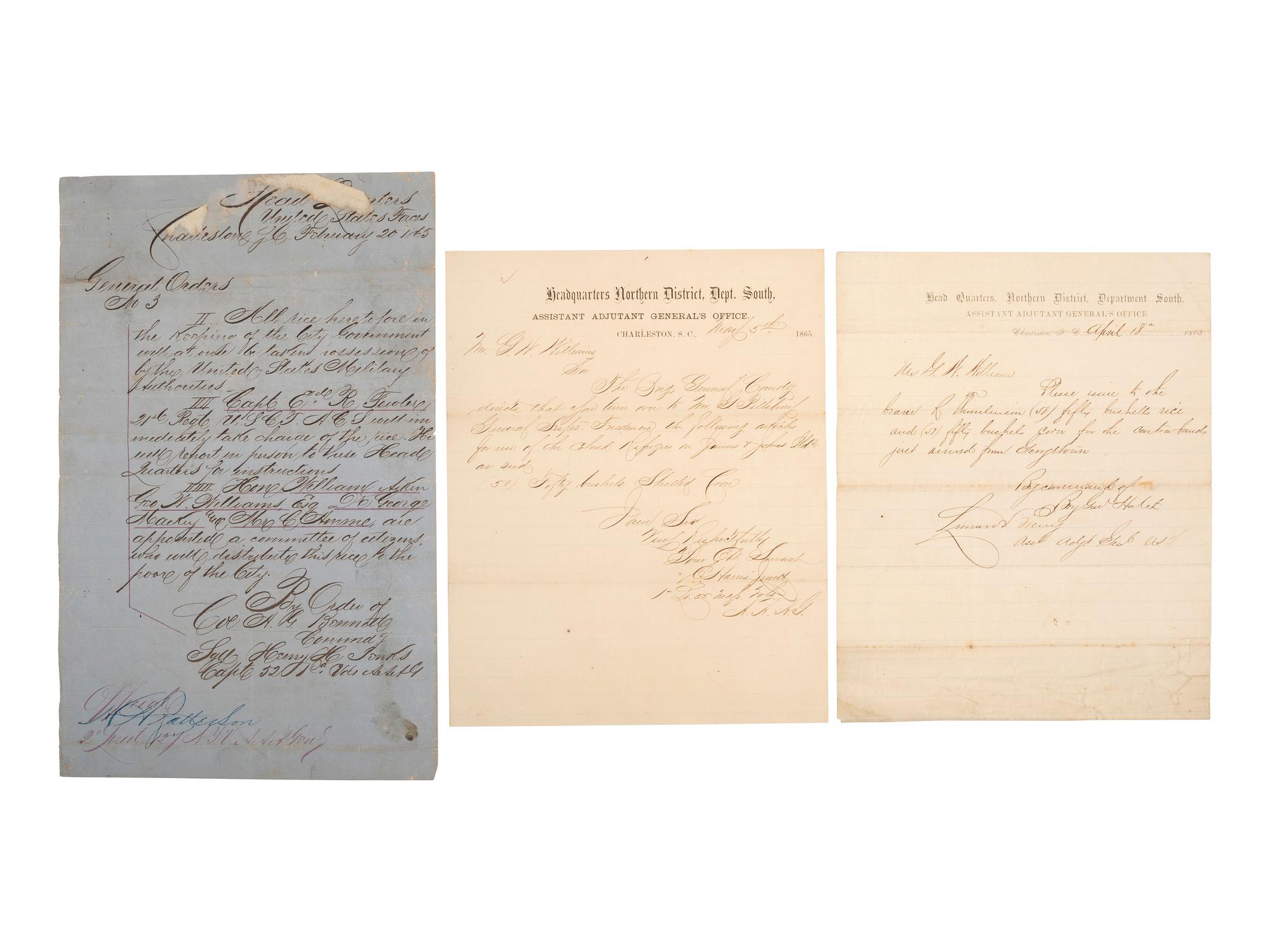 [ENSLAVEMENT & ABOLITION]. A suite of 5 documents related to the "destitute condition" of freedmen taking refuge mostly on the Sea Islands of South Carolina, 1865.