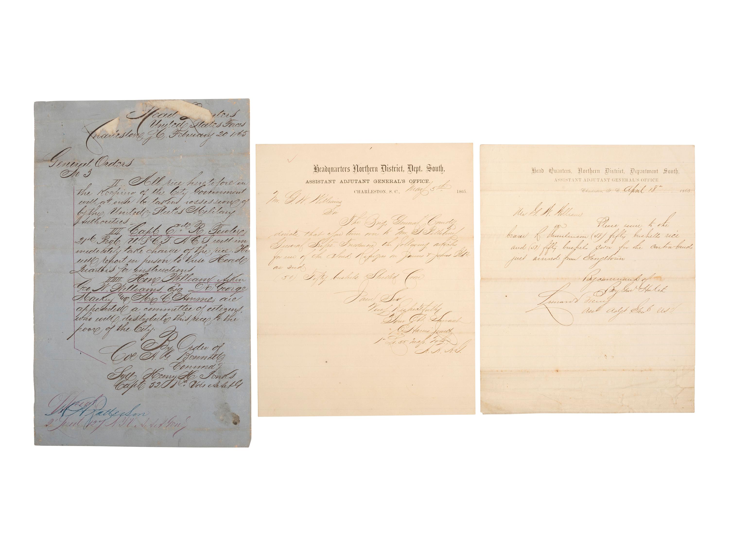 [ENSLAVEMENT & ABOLITION]. A suite of 5 documents related to the "destitute condition" of freedmen taking refuge mostly on the Sea Islands of South Carolina, 1865.