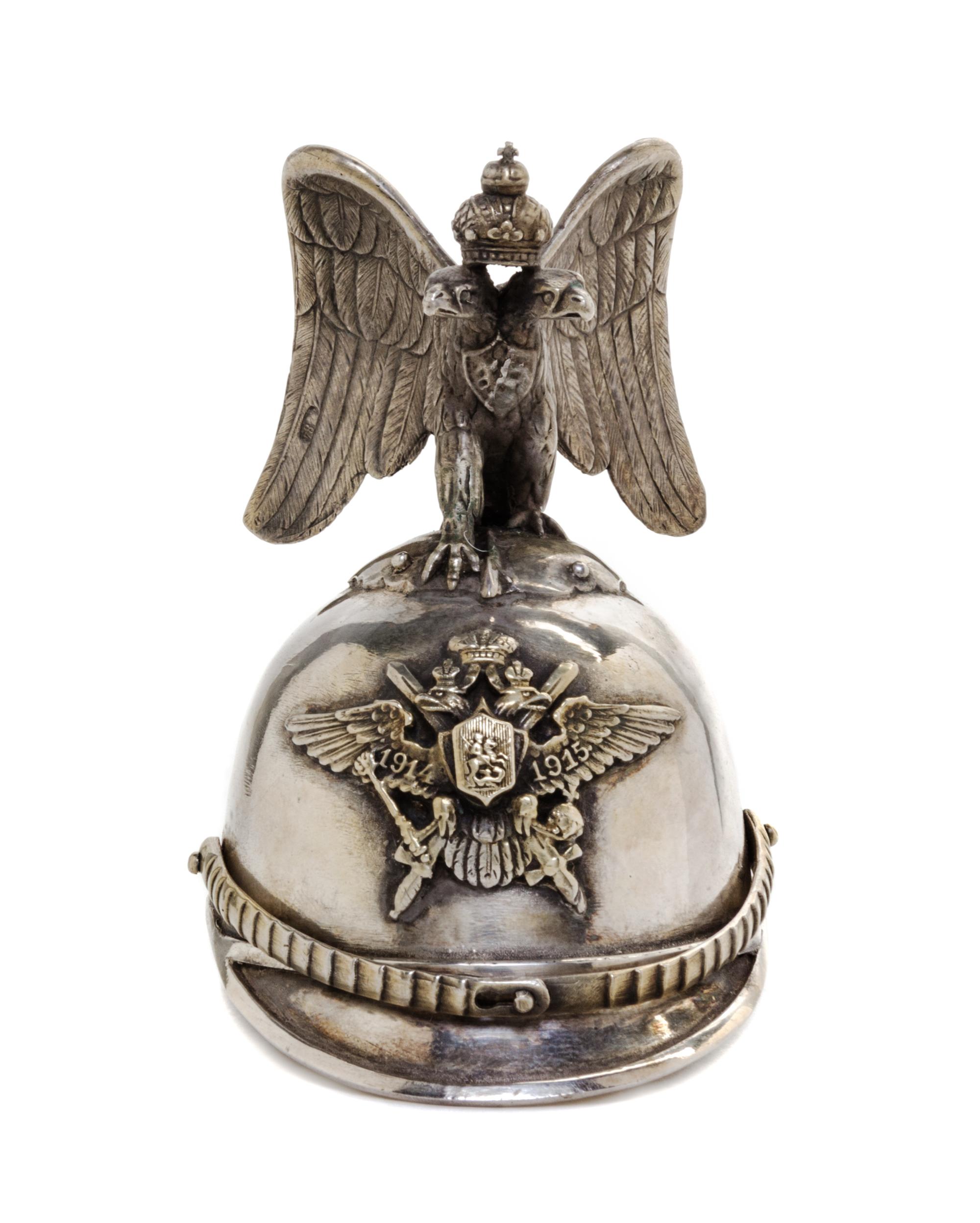 A Russian Silver Diminutive Helmet, Julius Rappoport, St. Petersburg, Early 20th Century, mounted with a finial in the form of a double