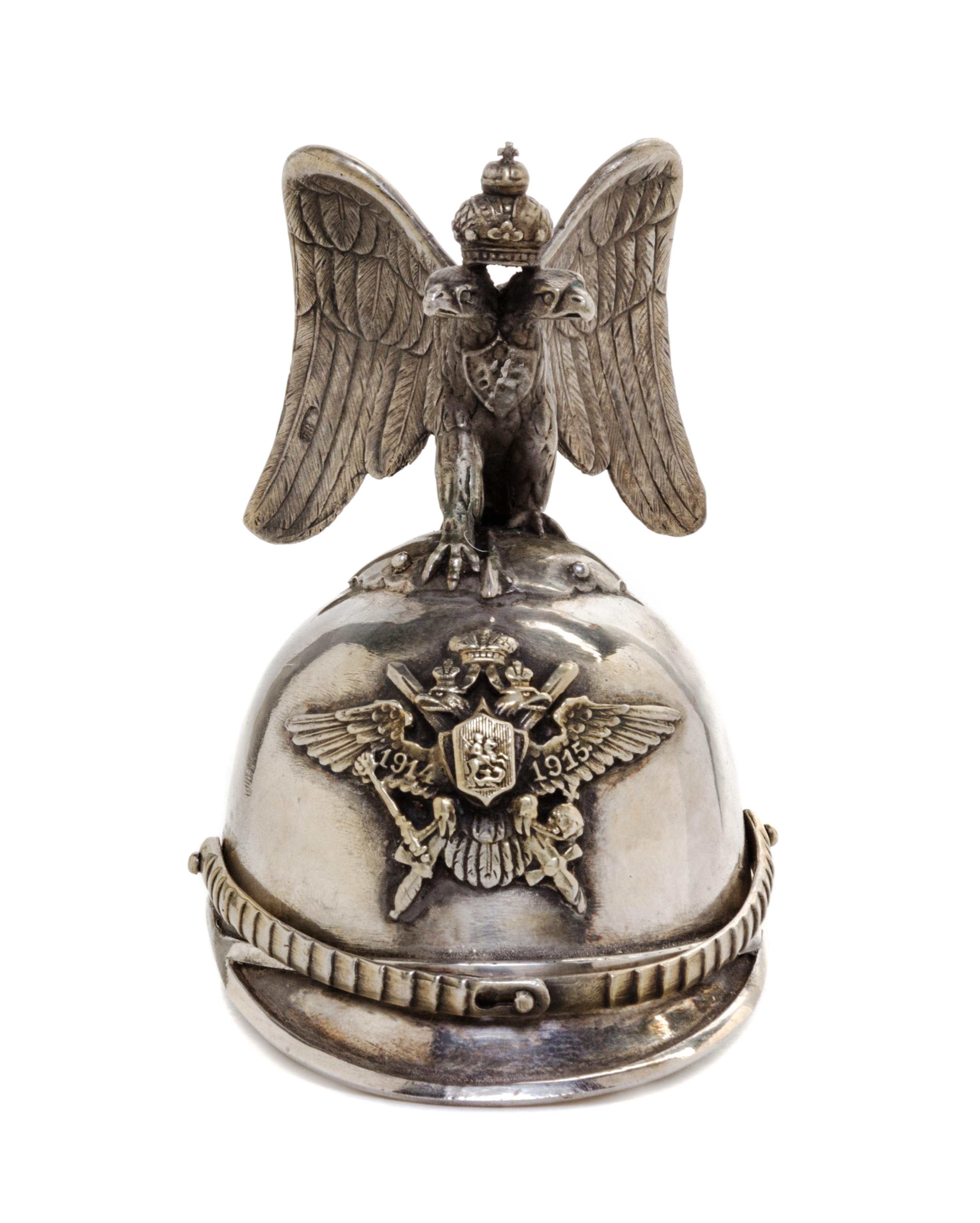 A Russian Silver Diminutive Helmet, Julius Rappoport, St. Petersburg, Early 20th Century, mounted with a finial in the form of a double