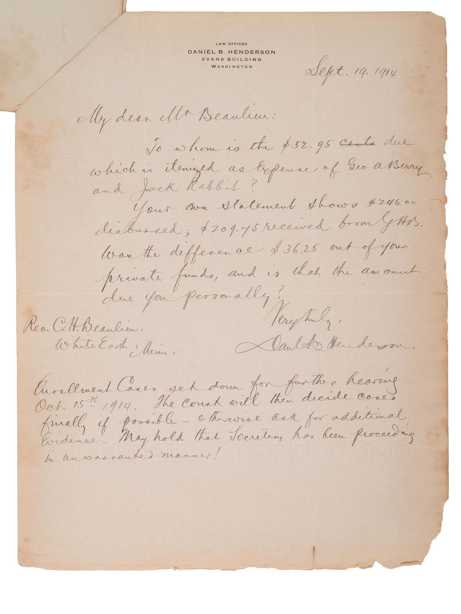 [NATIVE AMERICAN]. Archive of documents related to lawyer Daniel B. Henderson and his legal representation of various bands of Chippewa Indians.
