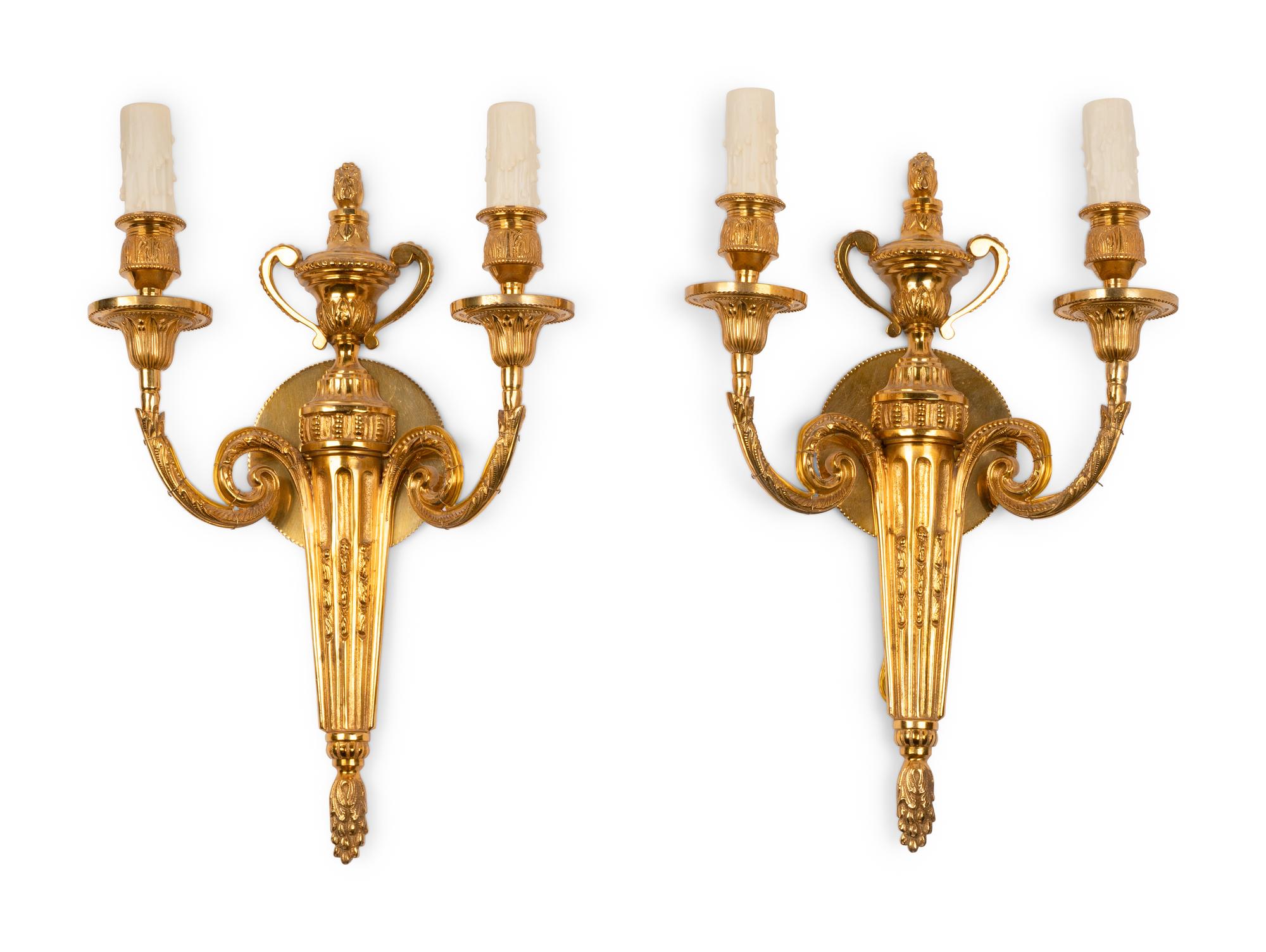 A Pair of Louis XVI Style Gilt Metal Two-Light Sconces