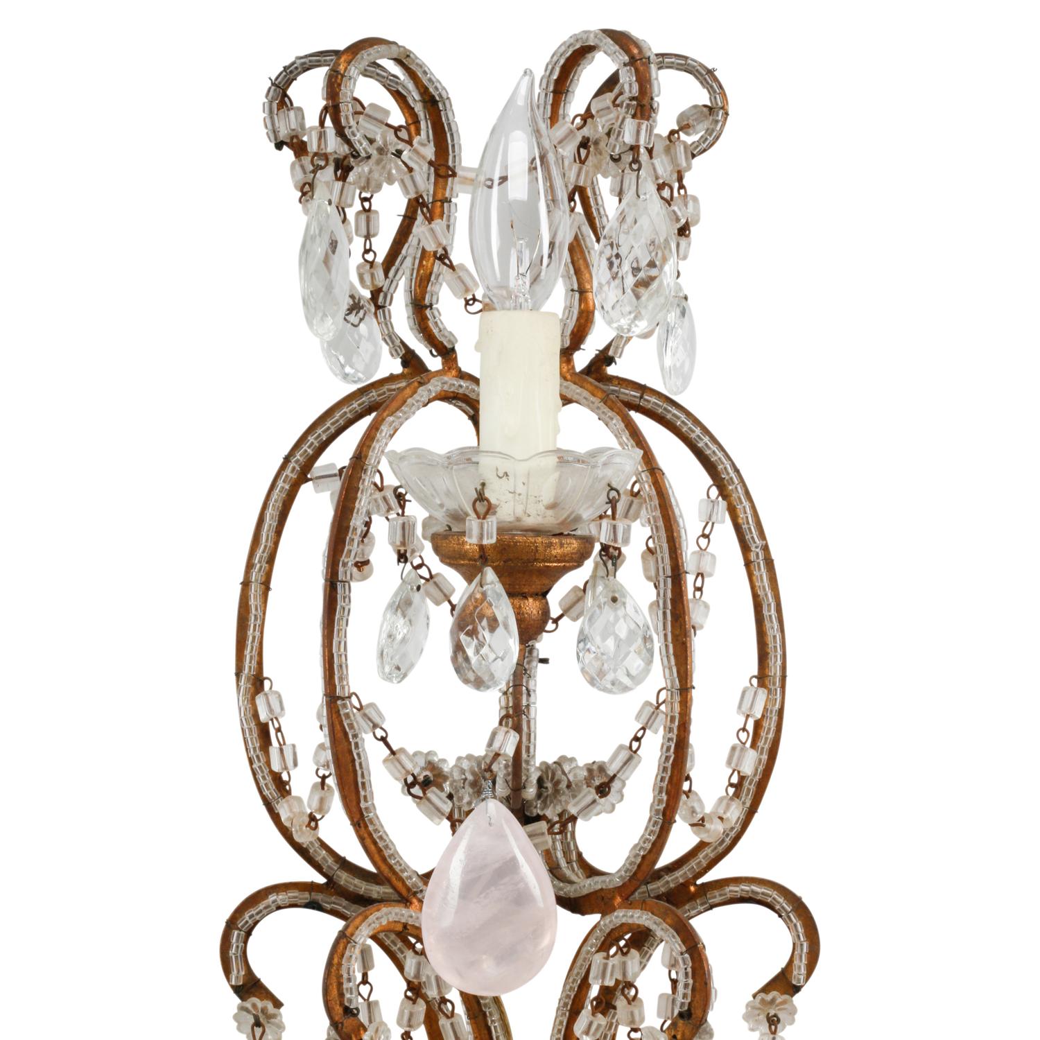 A Pair of Large Rock Crystal, Rose Quartz and Beaded Giltwood Six-Light Sconces