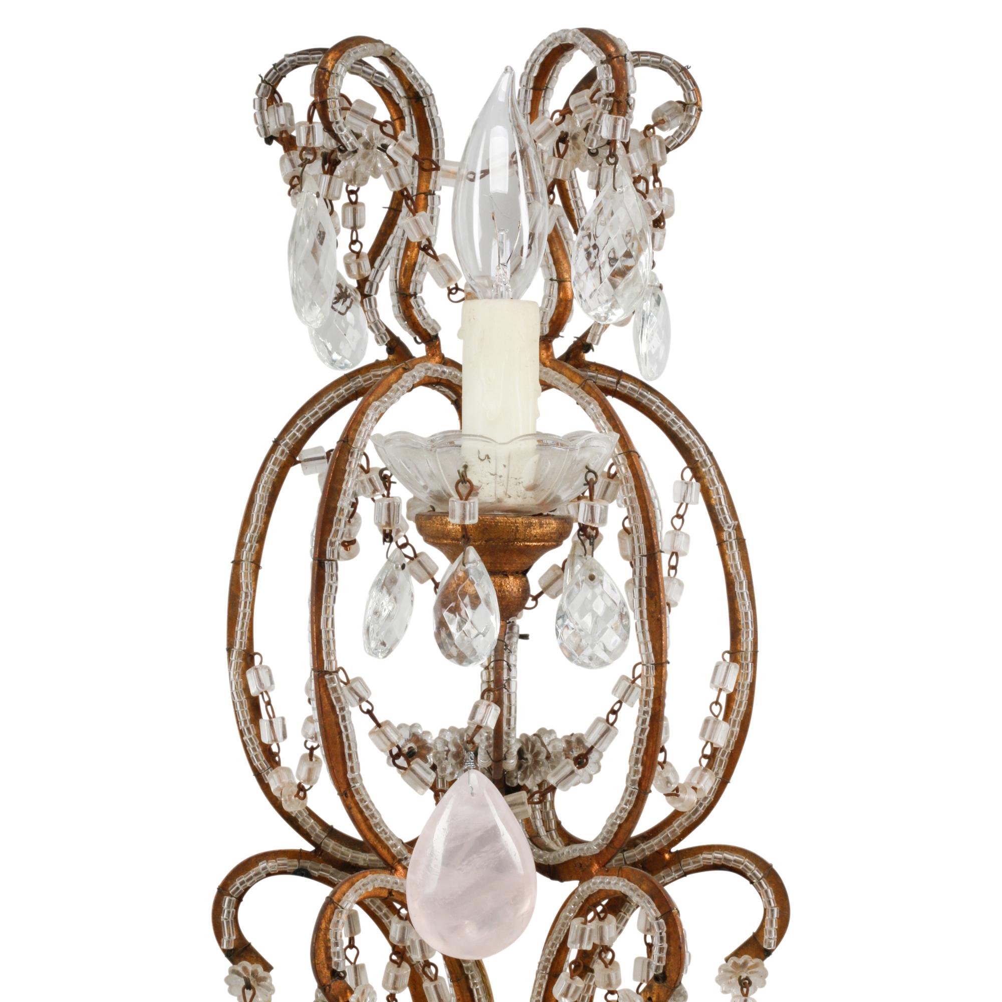 A Pair of Large Rock Crystal, Rose Quartz and Beaded Giltwood Six-Light Sconces