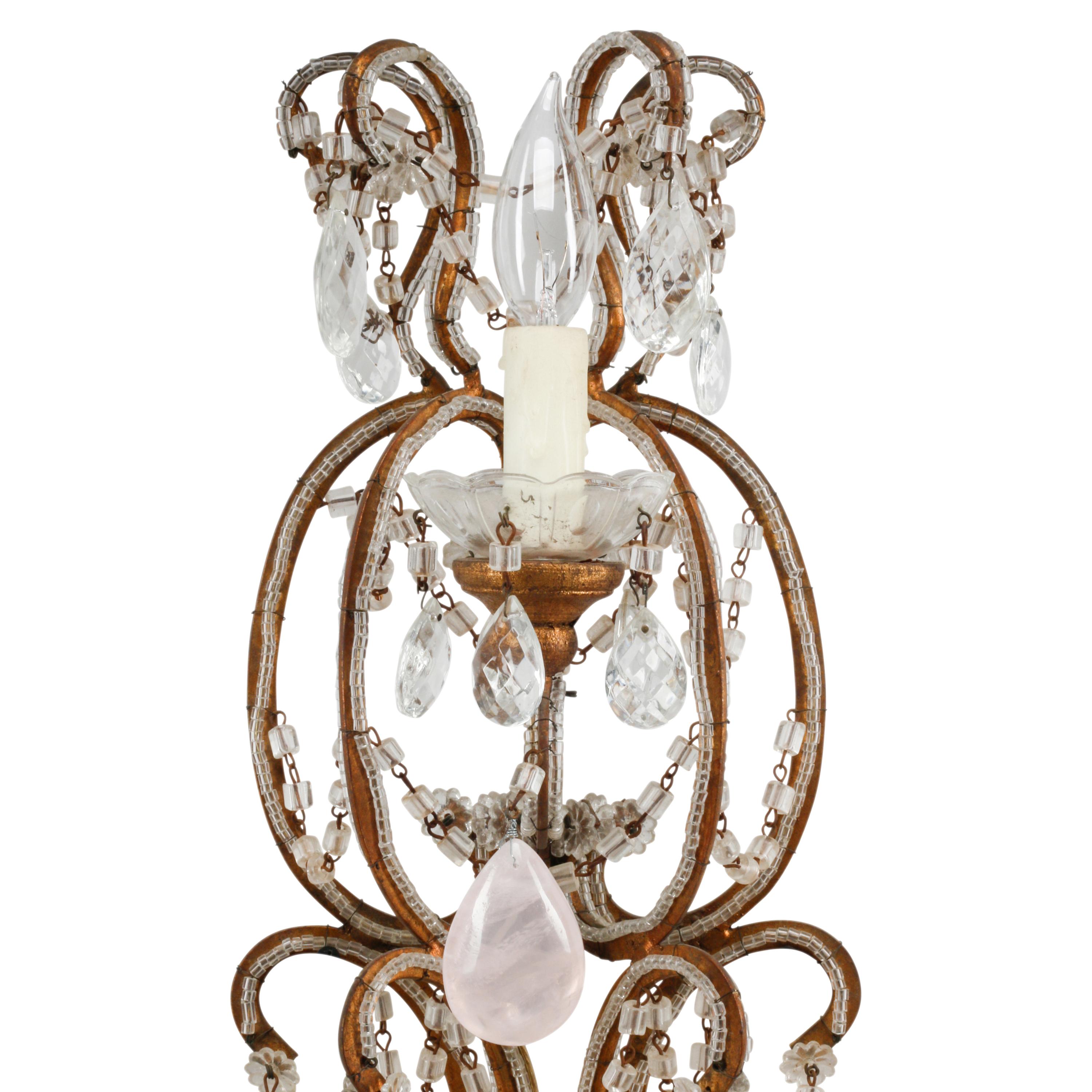 A Pair of Large Rock Crystal, Rose Quartz and Beaded Giltwood Six-Light Sconces