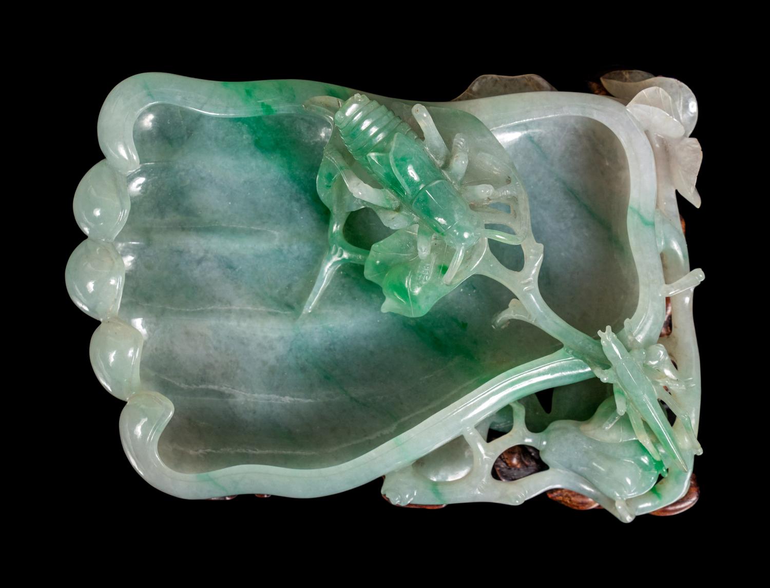 An Apple Green and White Jadeite 'Buddha's Hand Citron and Insects' Brush Washer