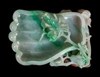 An Apple Green and White Jadeite 'Buddha's Hand Citron and Insects' Brush Washer