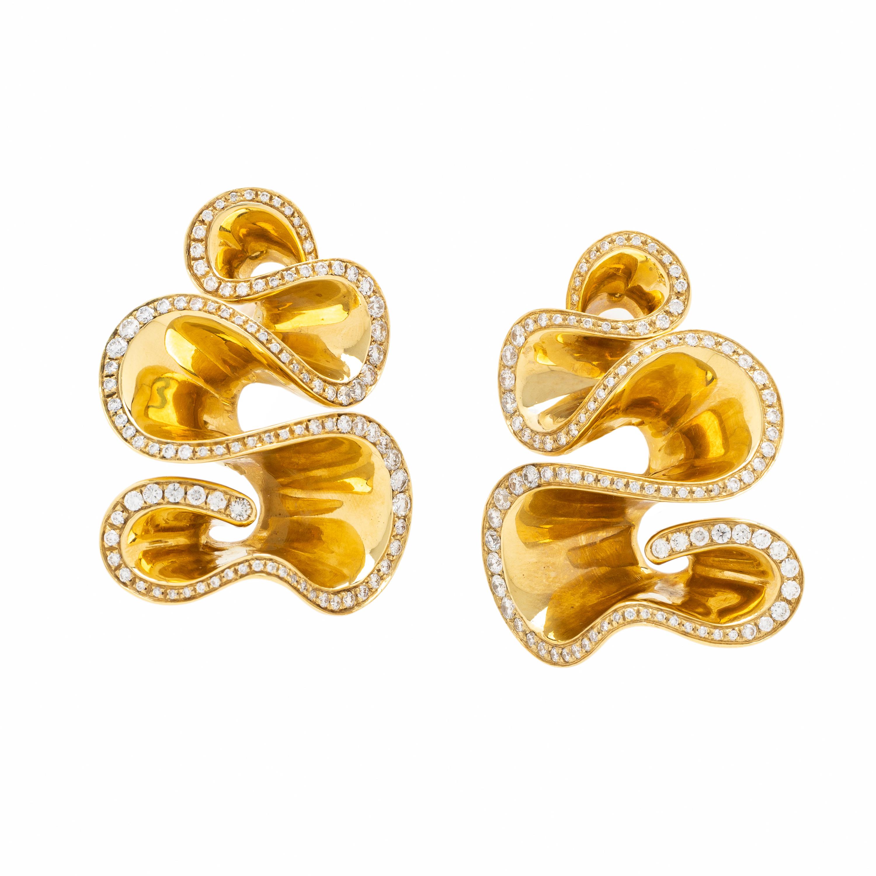 Yellow Gold and Diamond Ribbon Earrings