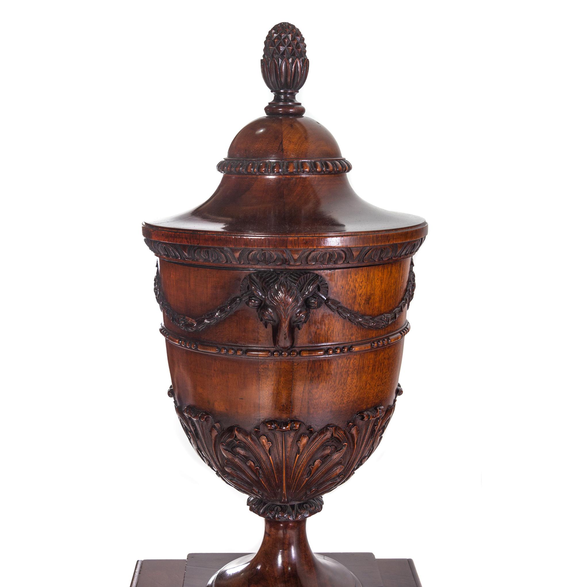 A Pair of Edwardian Style Mahogany Cutlery Urns on Pedestals