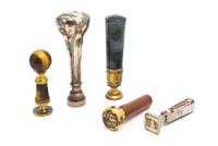 A Collection of Five Hardstone or Hardstone Inset Seals, Height of tallest 3 3/4 inches.