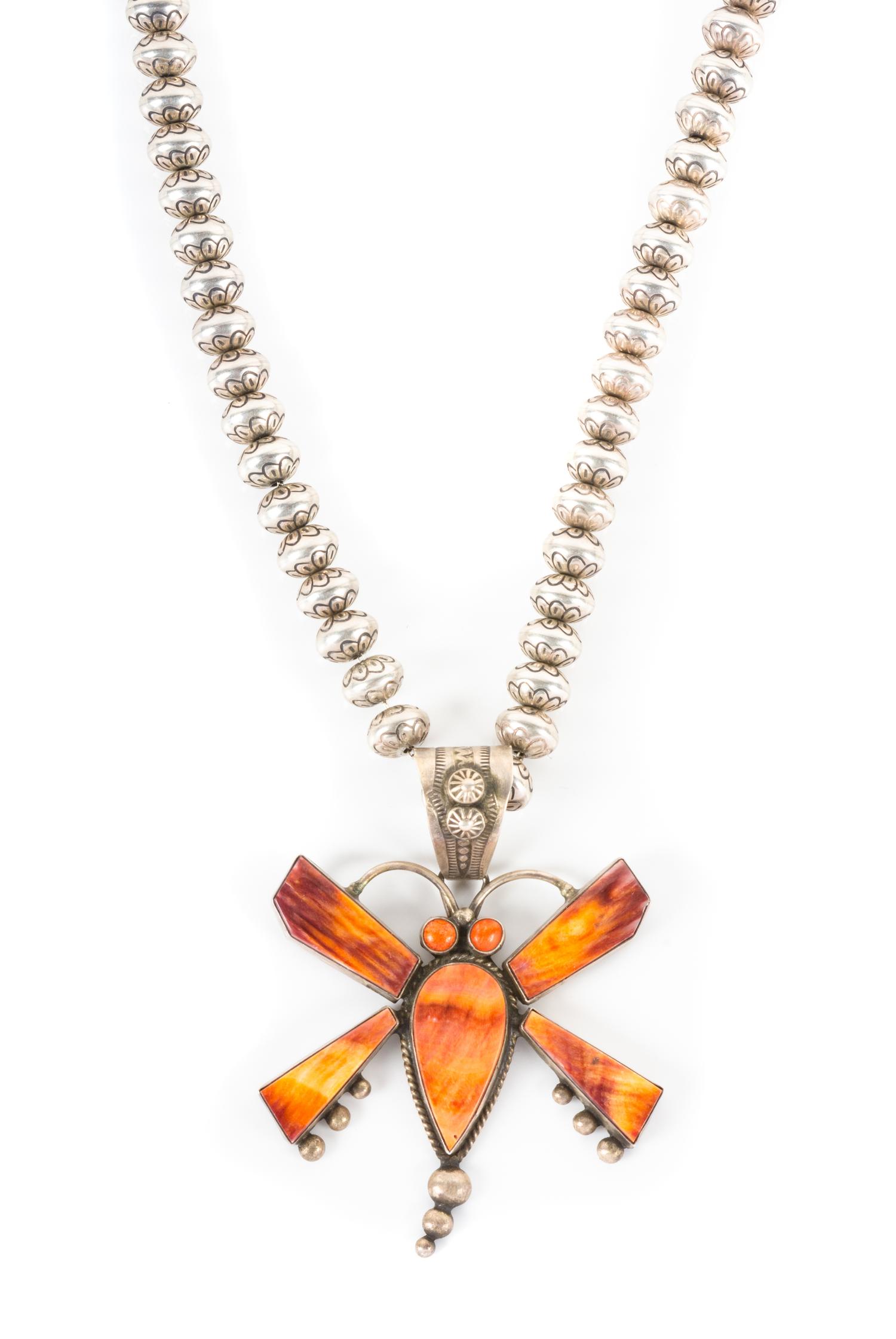 Southwestern Stamped Silver Bead and Dragonfly Pendant Necklace Length 26 inches, height of pendant 3 1/4 inches