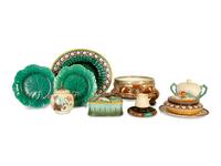 A Group of Seven Wedgwood Majolica Table Articles and a Hummingbird Sugar Bowl — 19th Century
