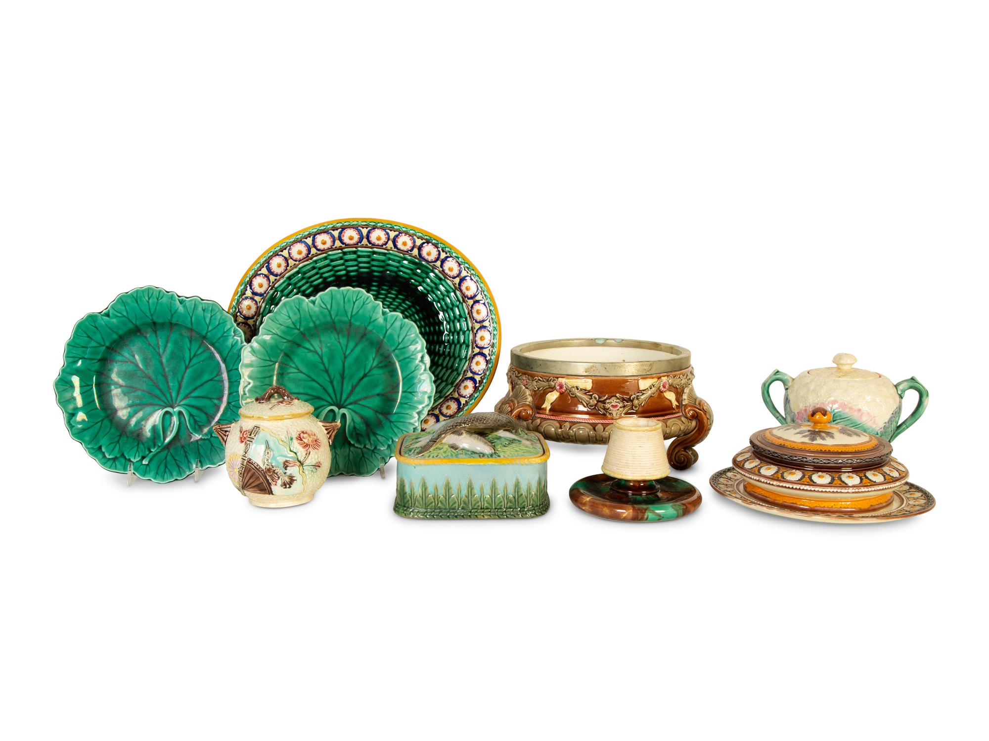 A Group of Seven Wedgwood Majolica Table Articles and a Hummingbird Sugar Bowl — 19th Century