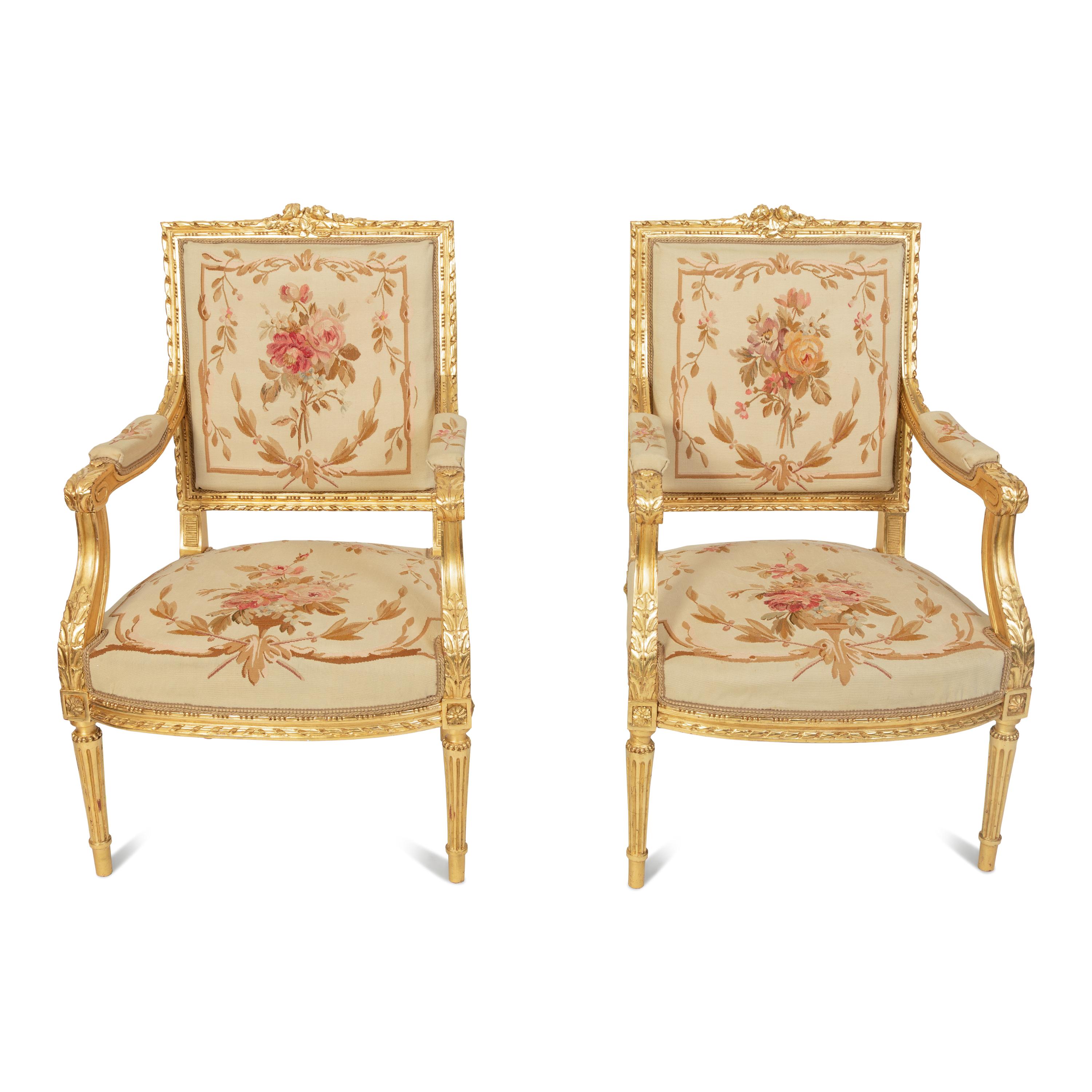 A Louis XVI Style Giltwood Five-Piece Salon Suite