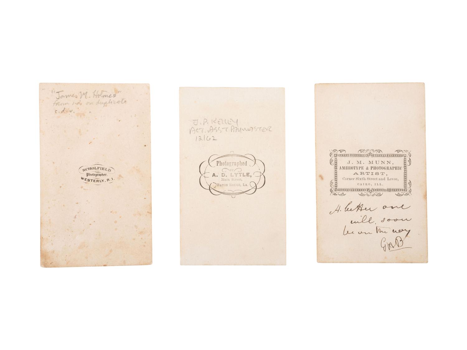 [CIVIL WAR]. A group of 3 CDVs of Brown Water Navy officers, incl. Surgeon George H. Bixby, Paymaster J.P. Kelley, and Acting Ensign James M. Holmes.