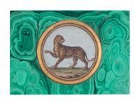 An Italian Micromosaic Tiger Plaque Set in a Malachite Box