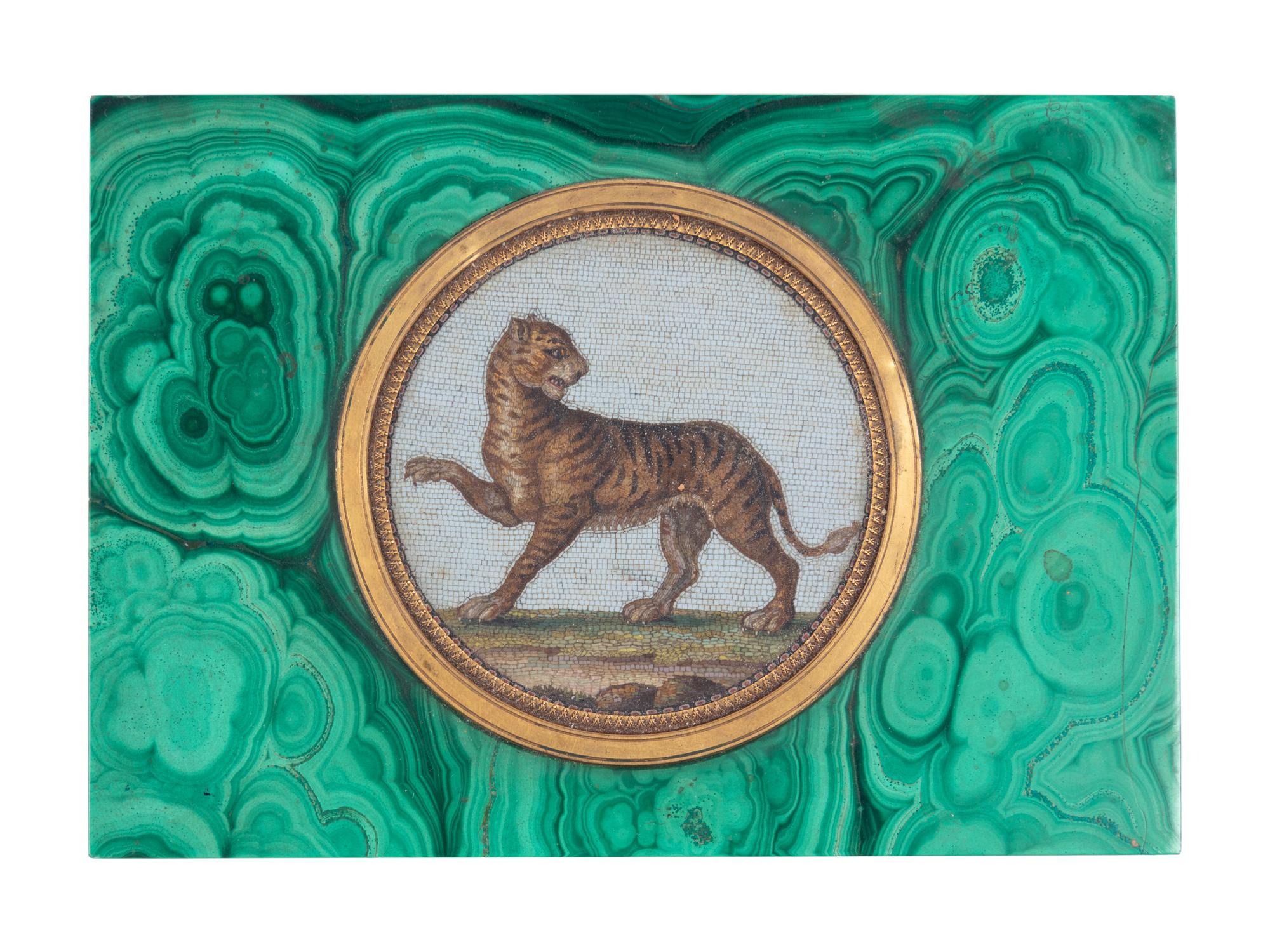 An Italian Micromosaic Tiger Plaque Set in a Malachite Box
