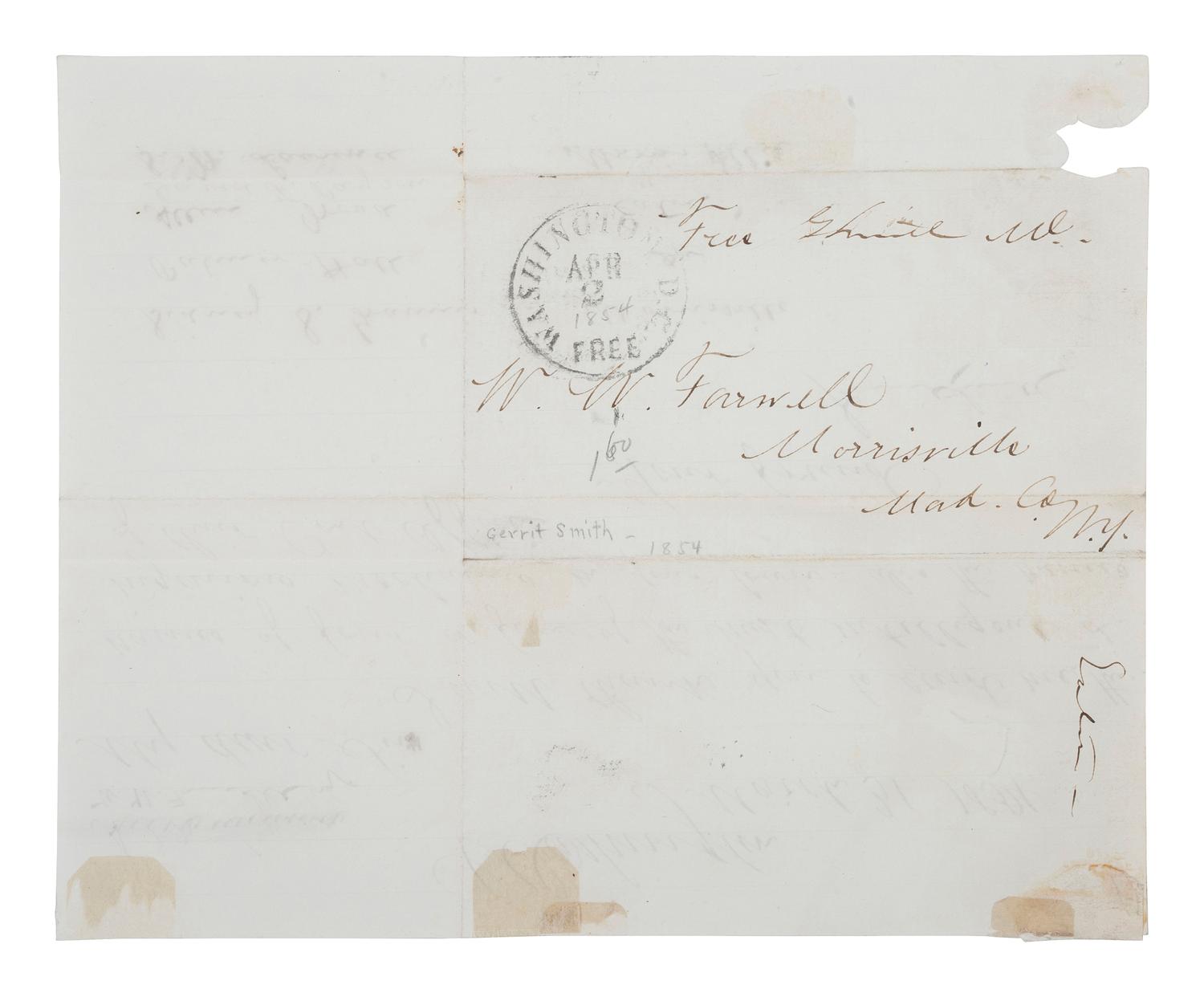 [SLAVERY & ABOLITION]. A group of two letters signed by prominent abolitionists, including one by Gerrit Smith (1797-1874) and another signed by Owen Lovejoy (1811-1864).