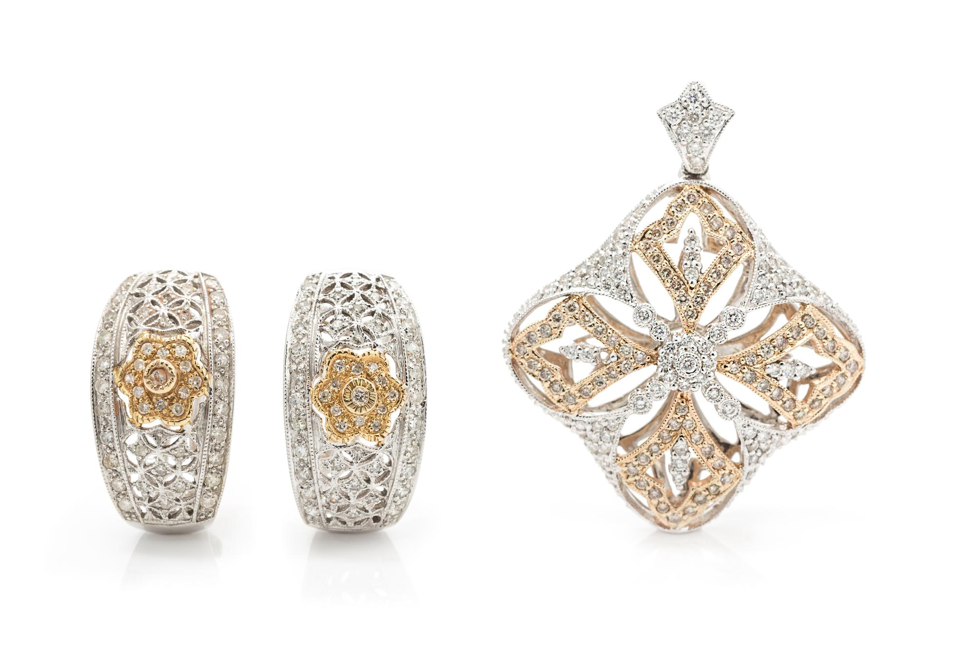 A Collection of Bicolor Gold and Diamond Jewelry, 12.80 dwts.