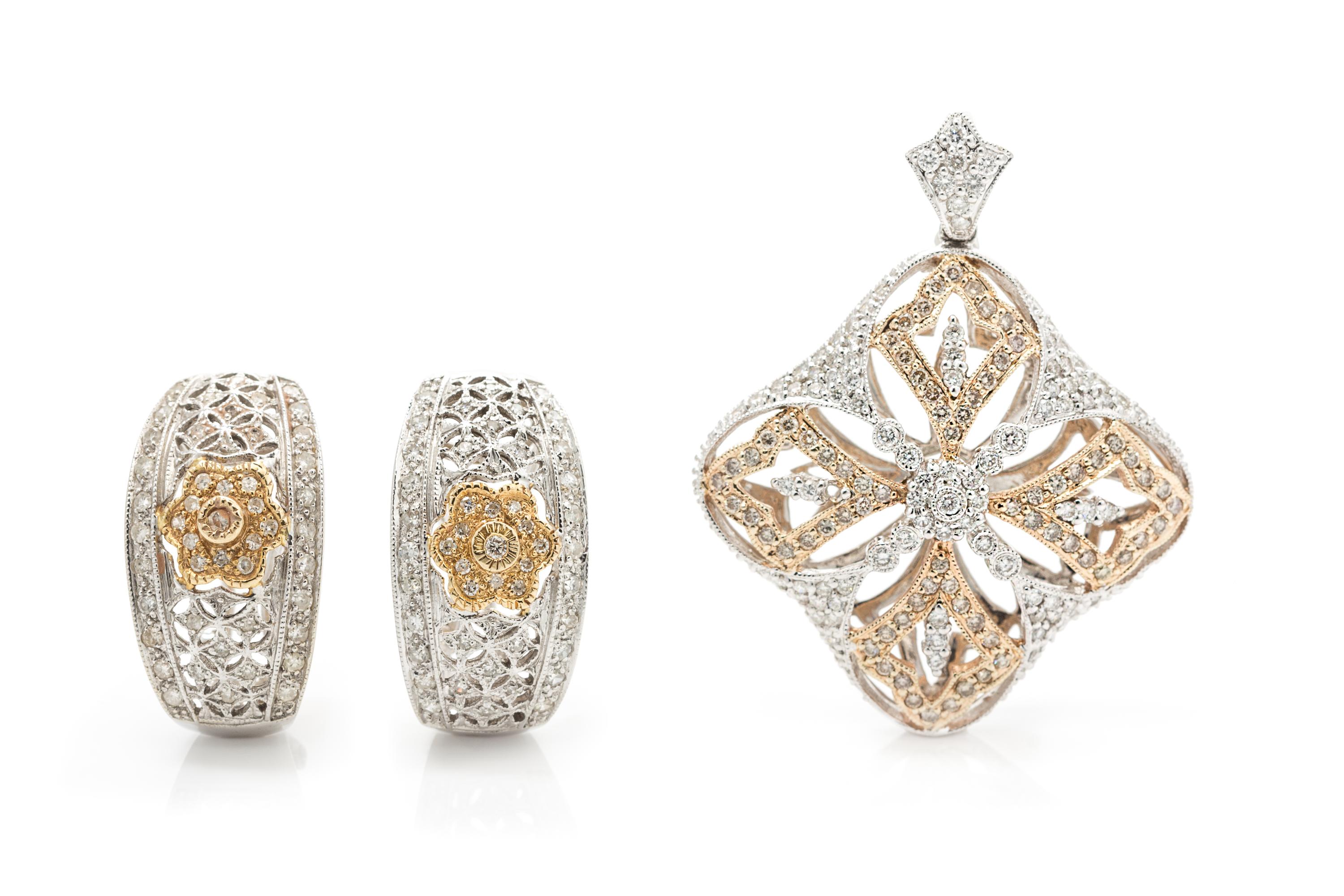 A Collection of Bicolor Gold and Diamond Jewelry, 12.80 dwts.