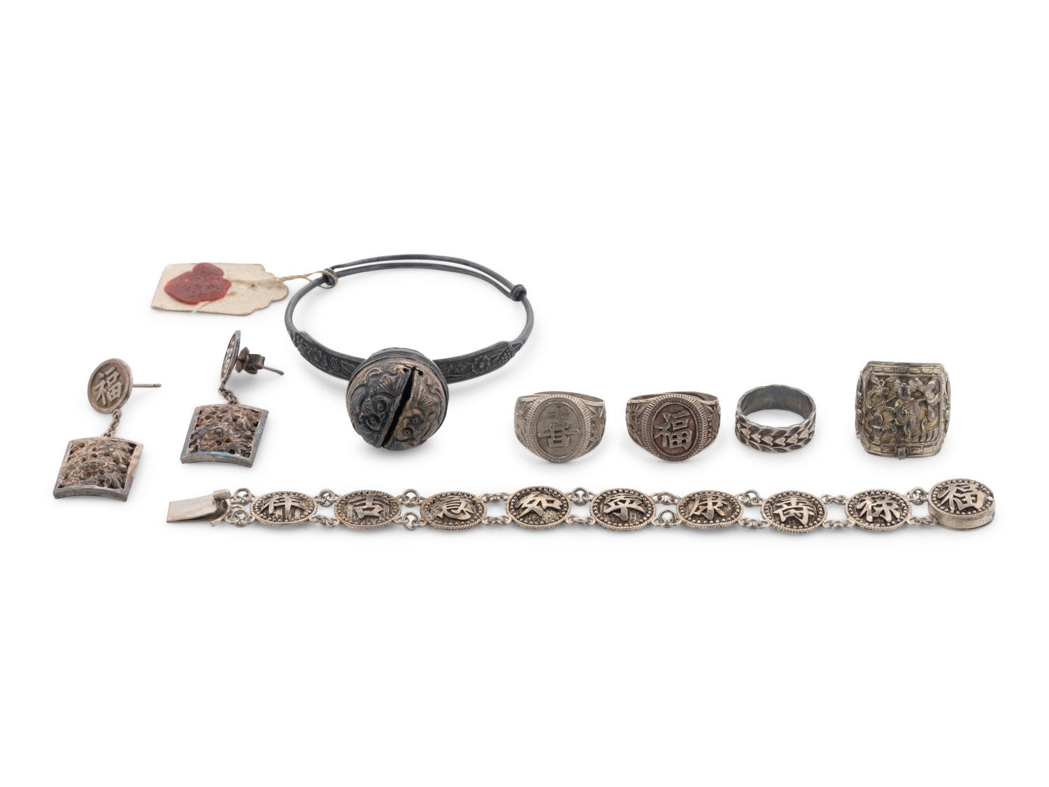 Seven Chinese Silver Jewelry and One Silvered Metal Ring