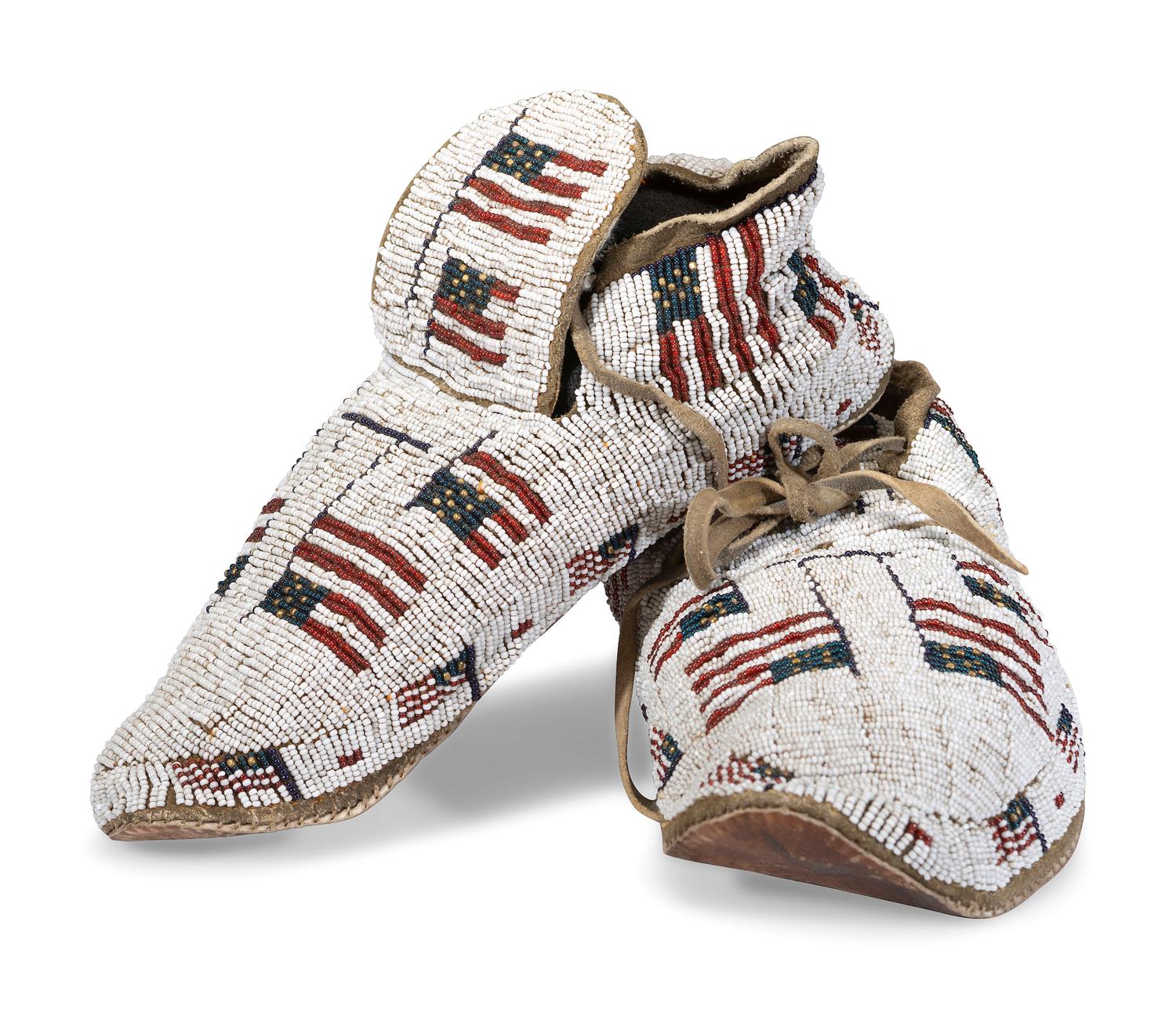Sioux Beaded Hide Moccasins, with American Flags